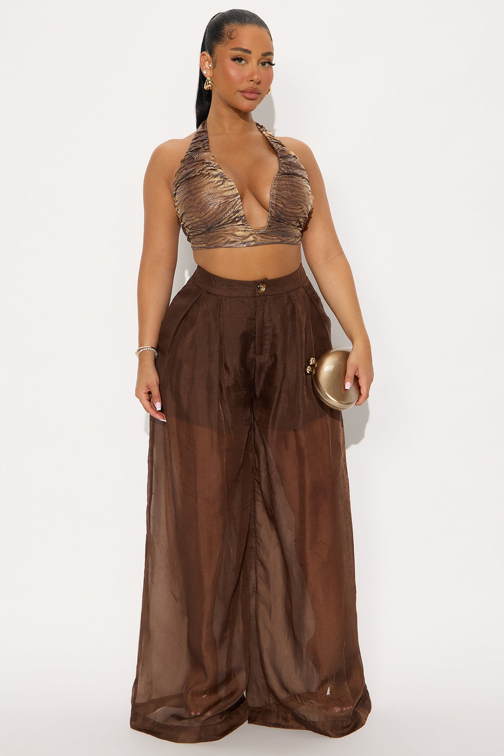 Hollie Wide Leg Organza Pant - Chocolate 