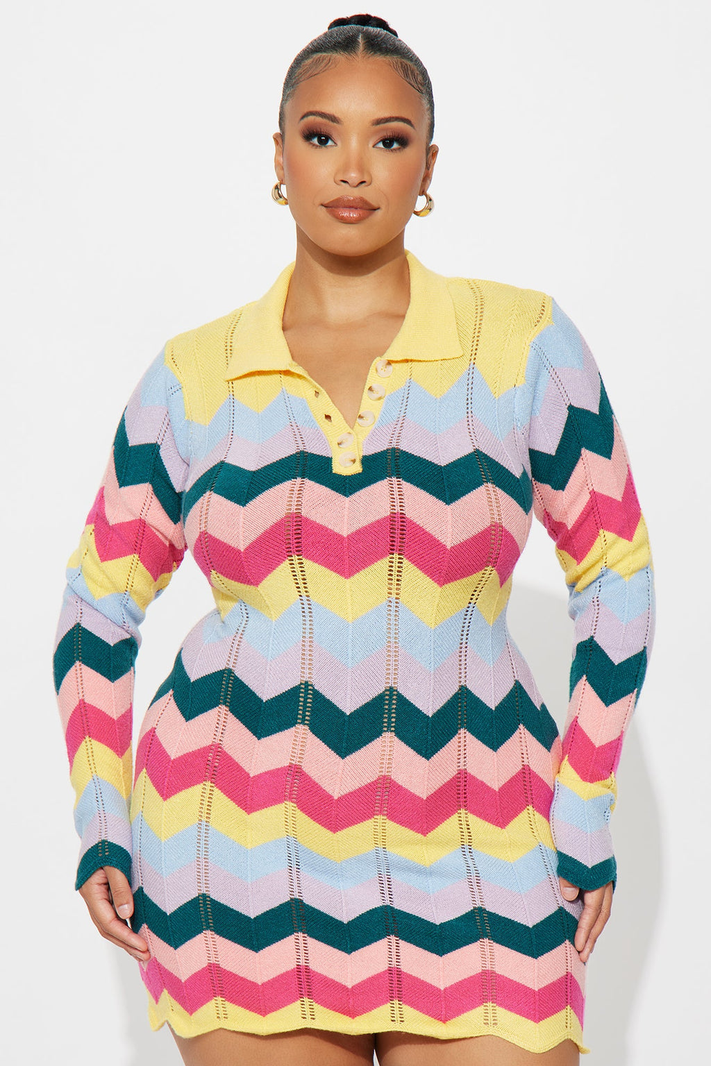 Always Happy Long Sleeve Knit Mini Dress - Multi Color