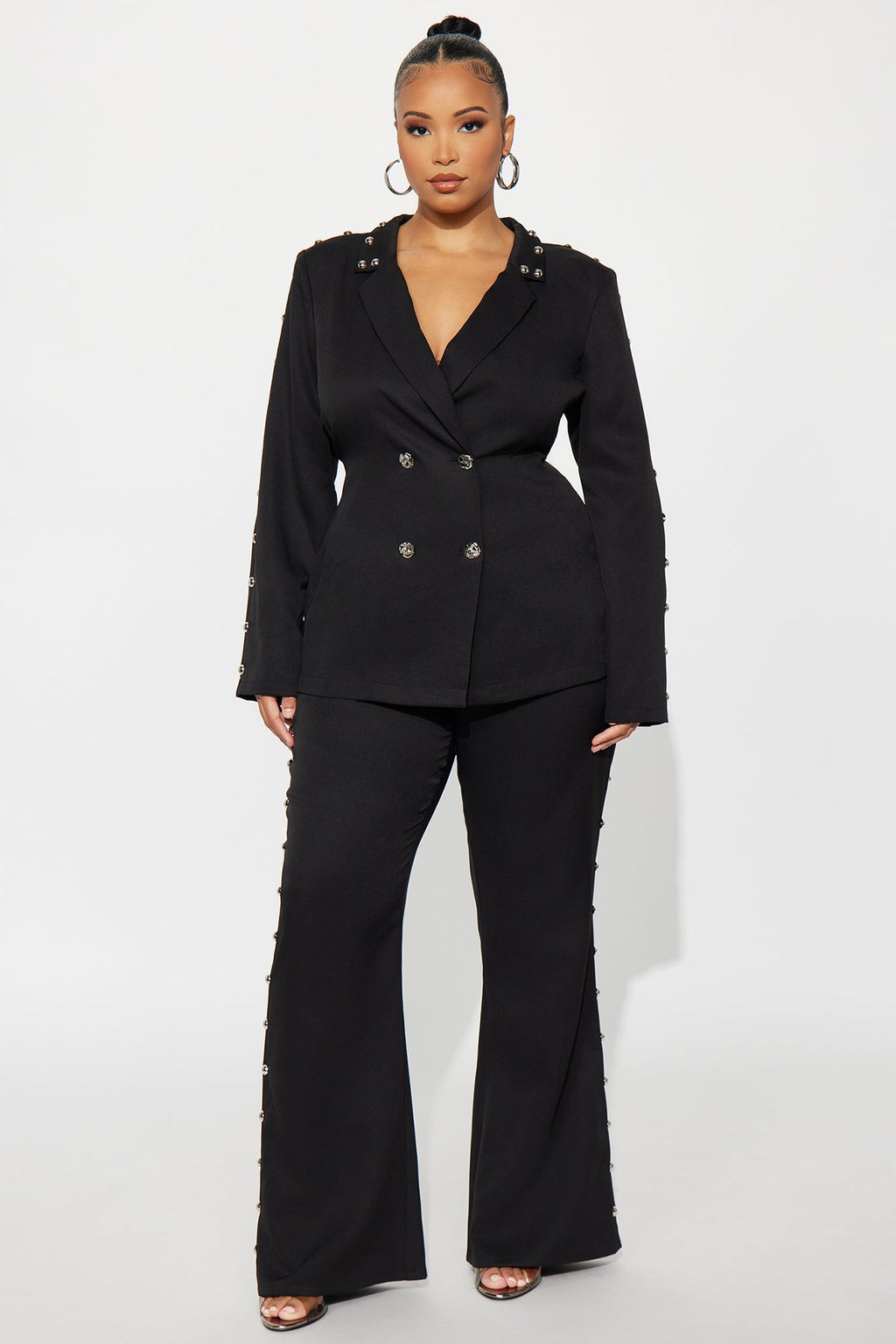 Janice Studded Blazer Pant Set - Black 