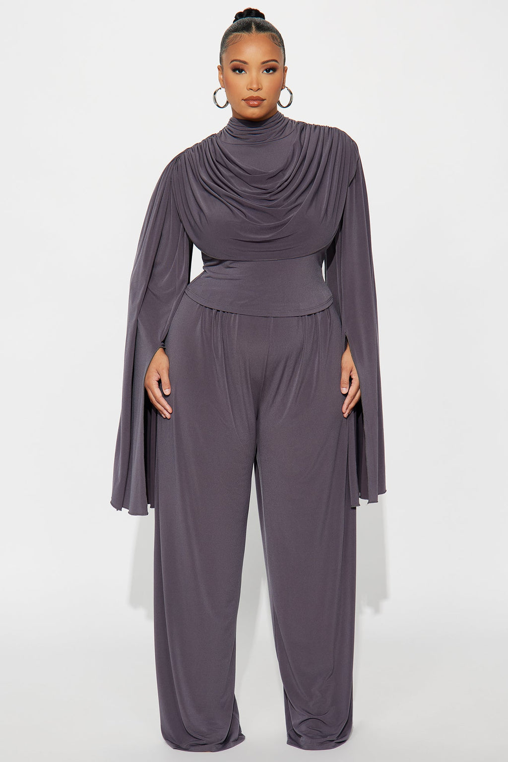 Gemma Draped Wide Leg Pant Set - Charcoal