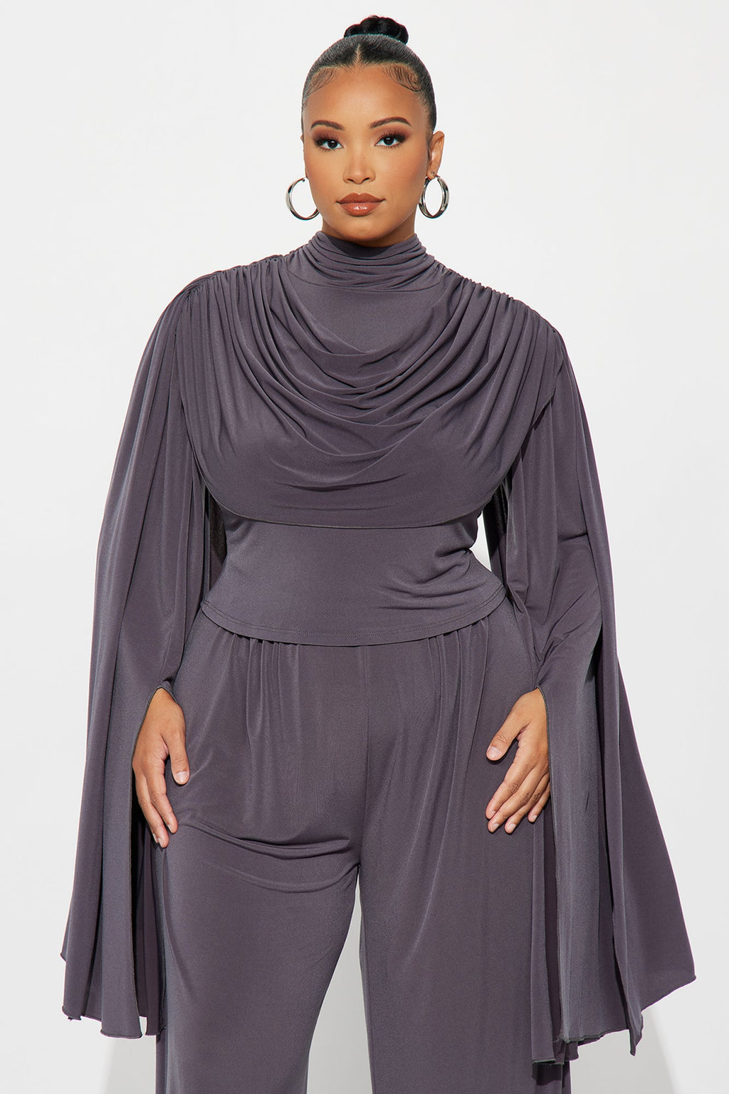 Gemma Draped Wide Leg Pant Set - Charcoal