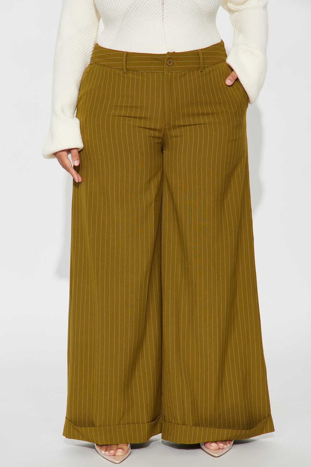 Bossed Up Cuffed Pinstripe Trouser Pant 32″ - Olive