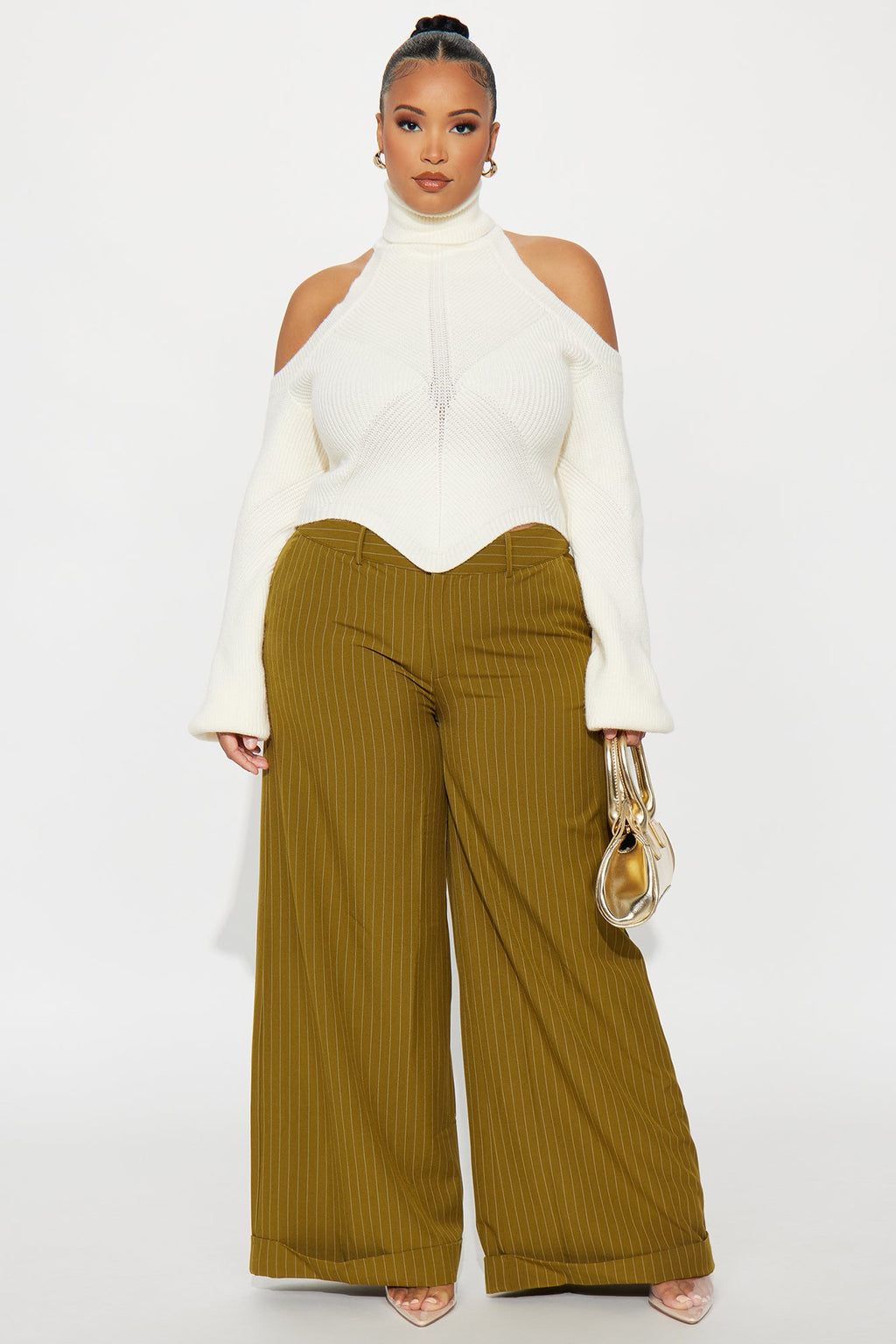 Bossed Up Cuffed Pinstripe Trouser Pant 32″ - Olive