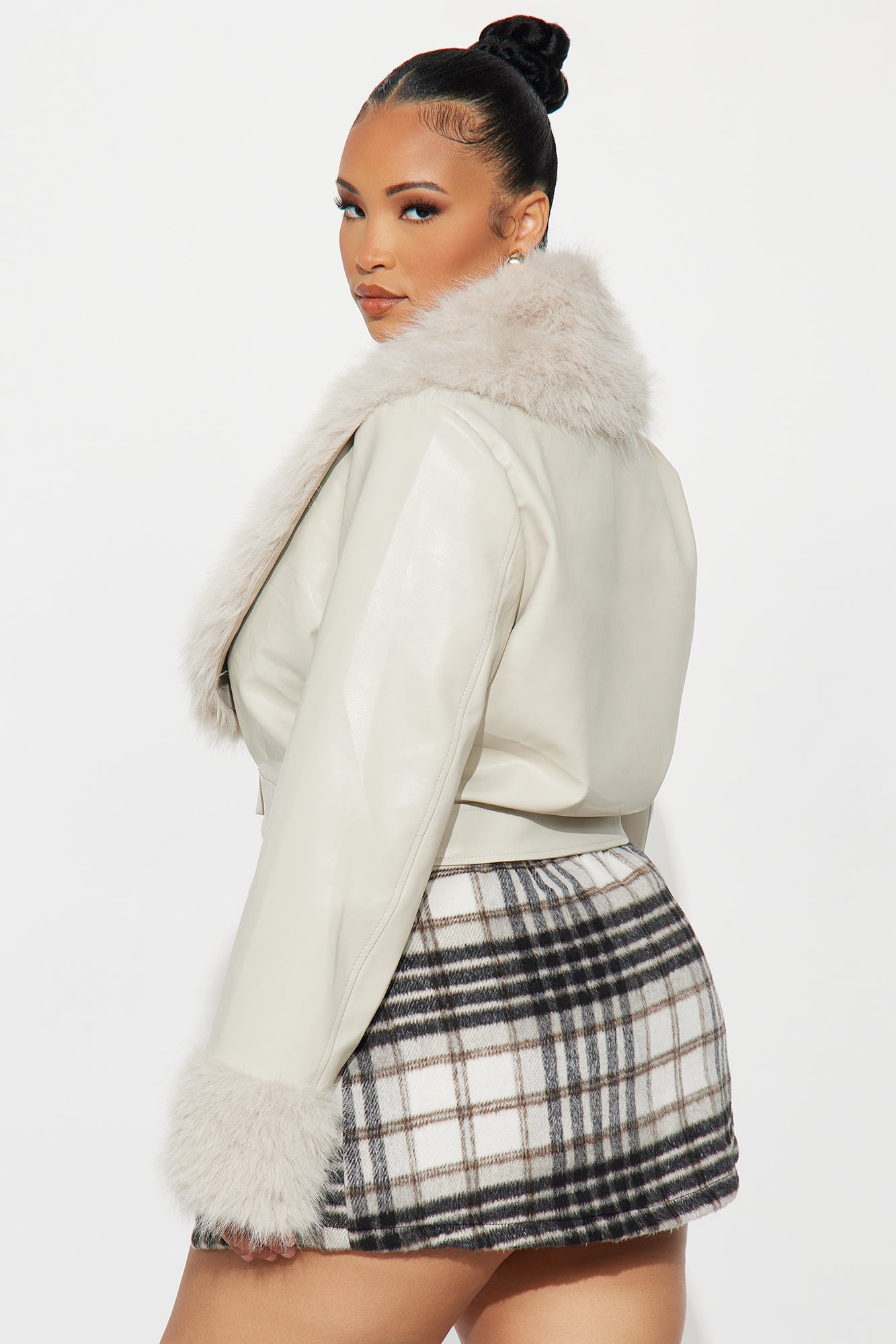Roxanne Cropped Fur Faux Leather Coat - Stone 