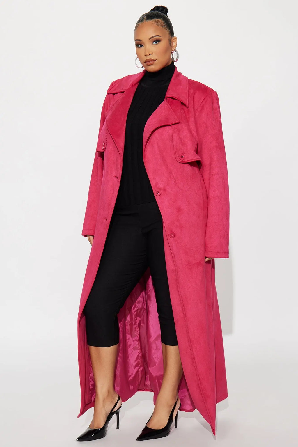 Topic of Conversation Faux Suede Trench Coat - Fuchsia 
