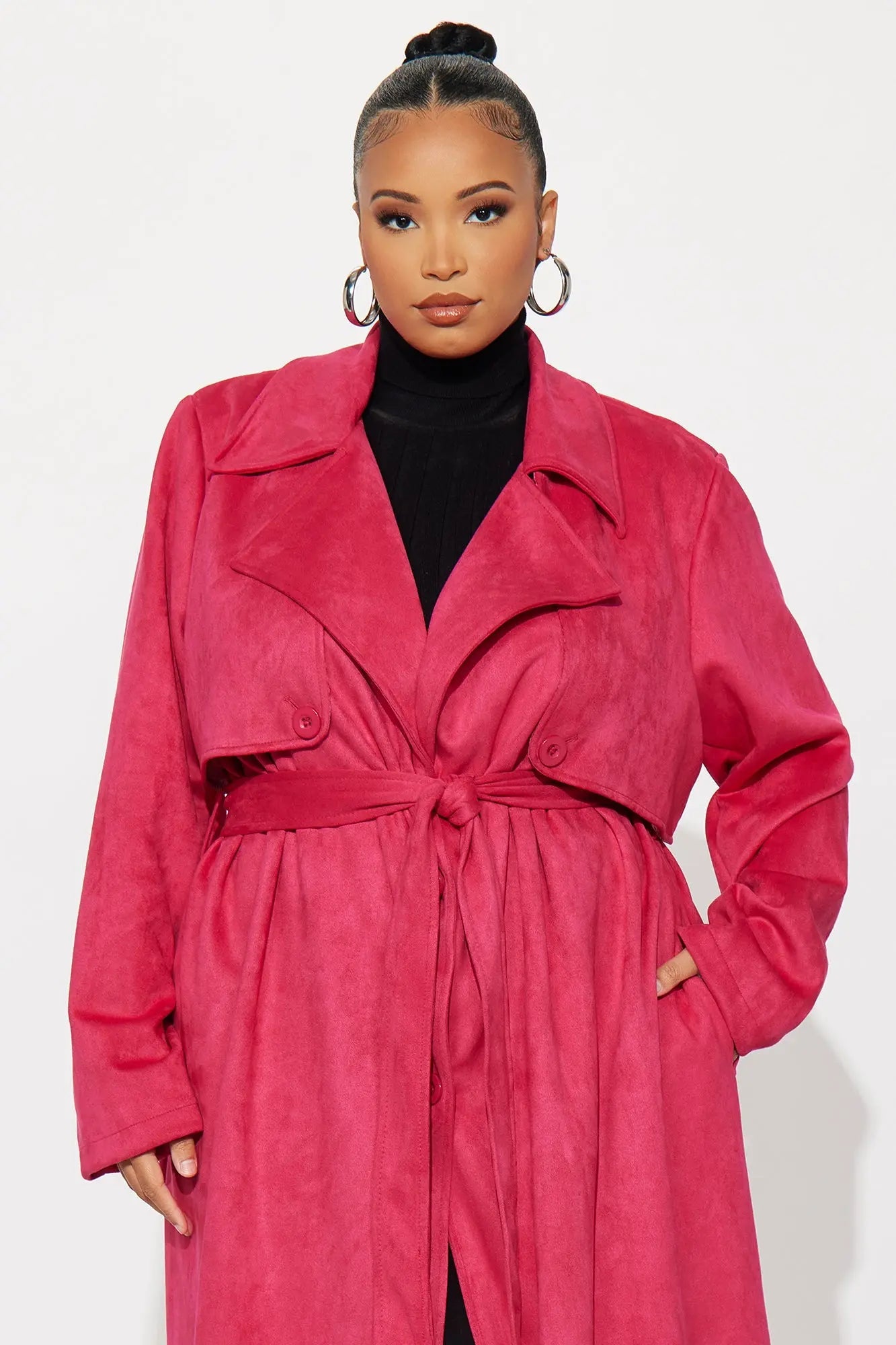 Topic of Conversation Faux Suede Trench Coat - Fuchsia 