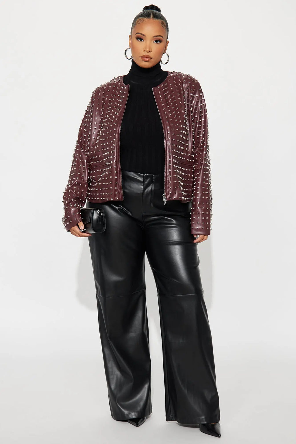 Run This Town Studded Faux Leather Jacket - Wine 