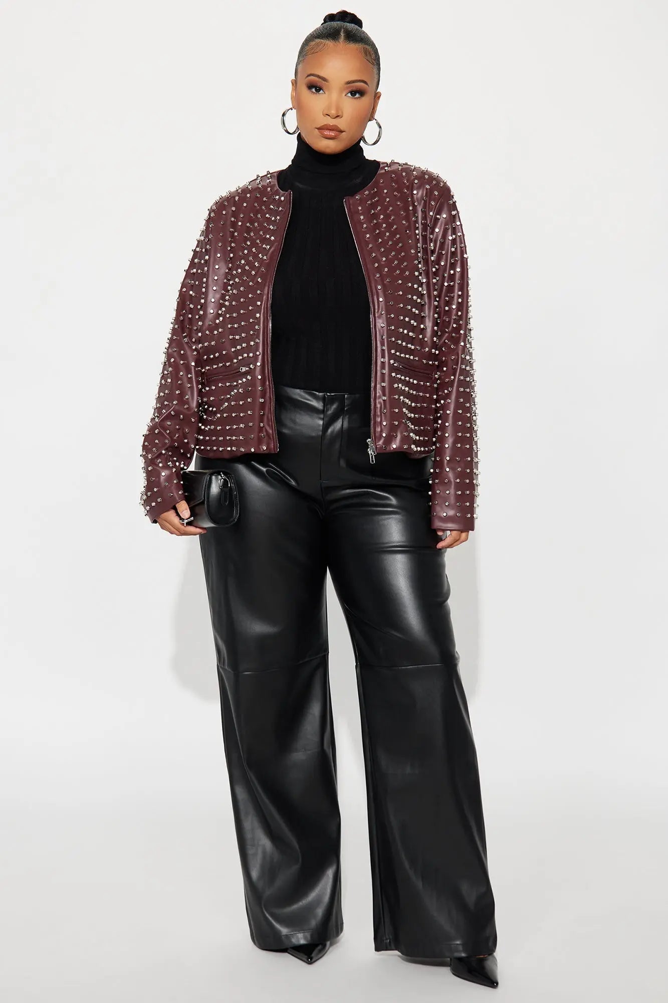 Run This Town Studded Faux Leather Jacket - Wine 