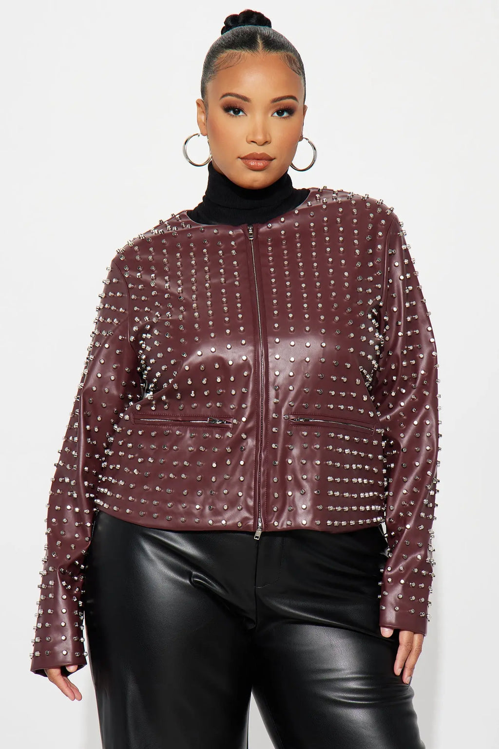 Run This Town Studded Faux Leather Jacket - Wine 