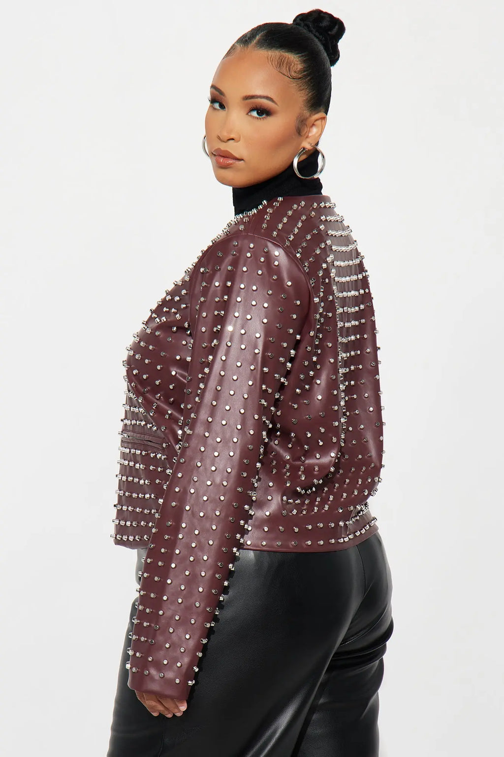 Run This Town Studded Faux Leather Jacket - Wine 