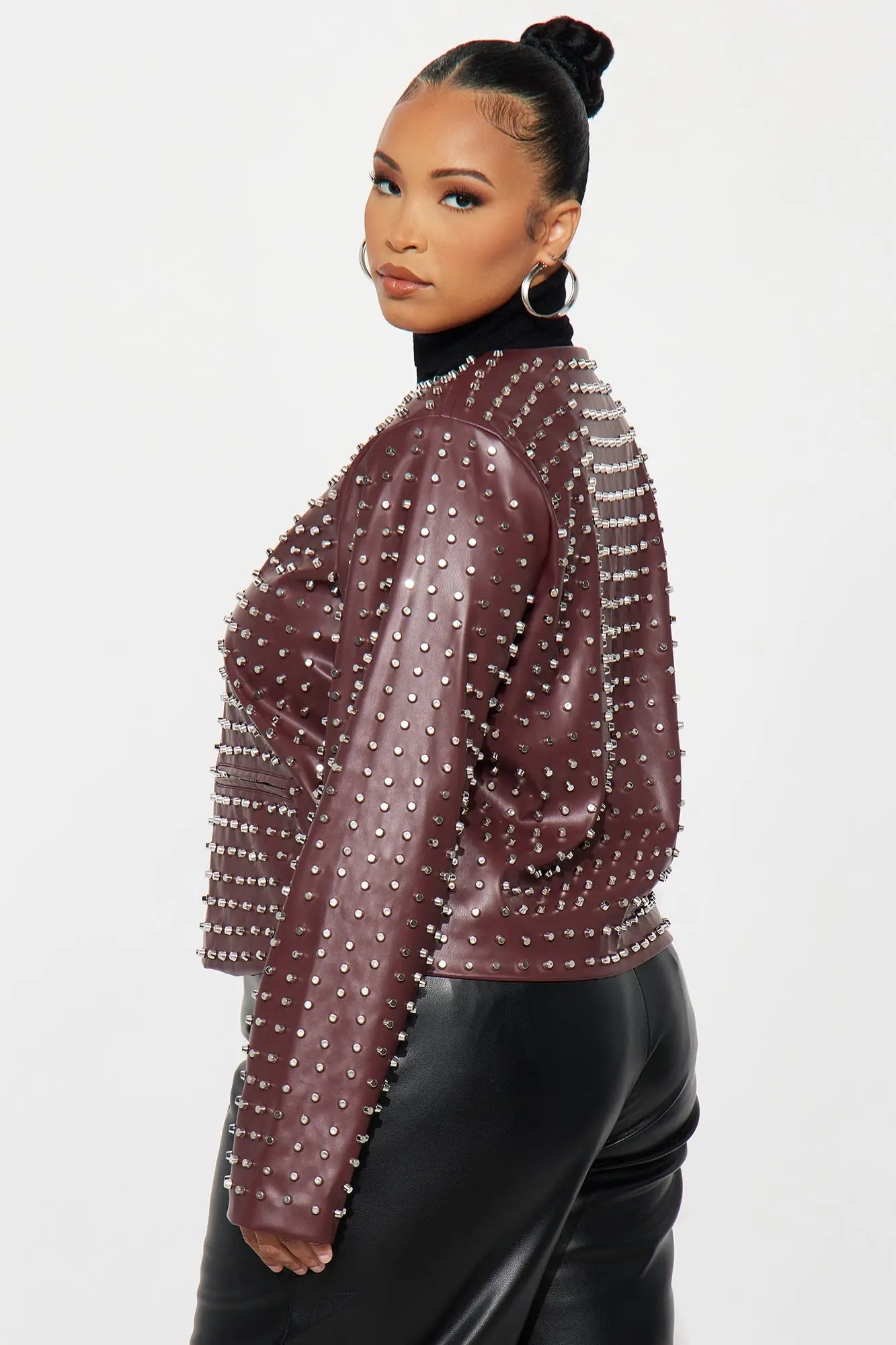Run This Town Studded Faux Leather Jacket - Wine 