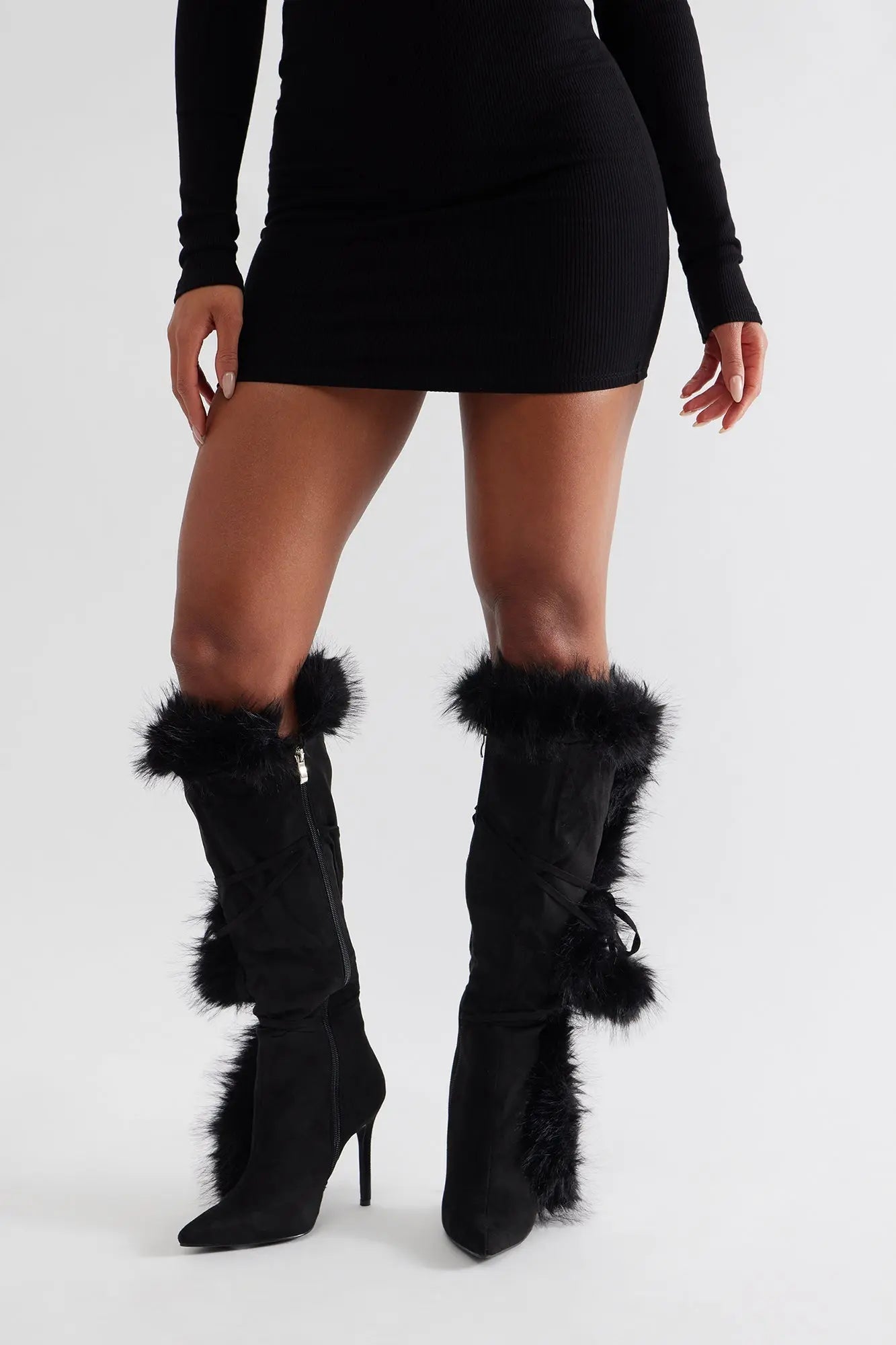Signature Fur Trim Knee High Boots - Black 