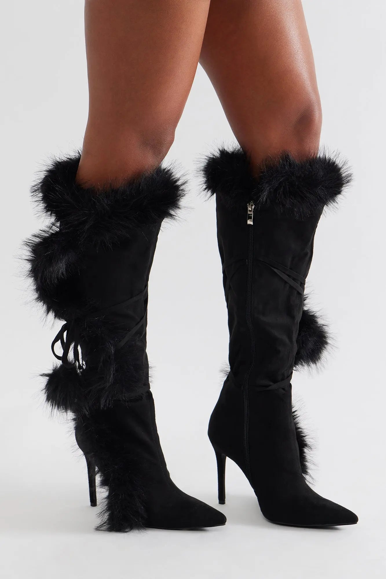 Signature Fur Trim Knee High Boots - Black 