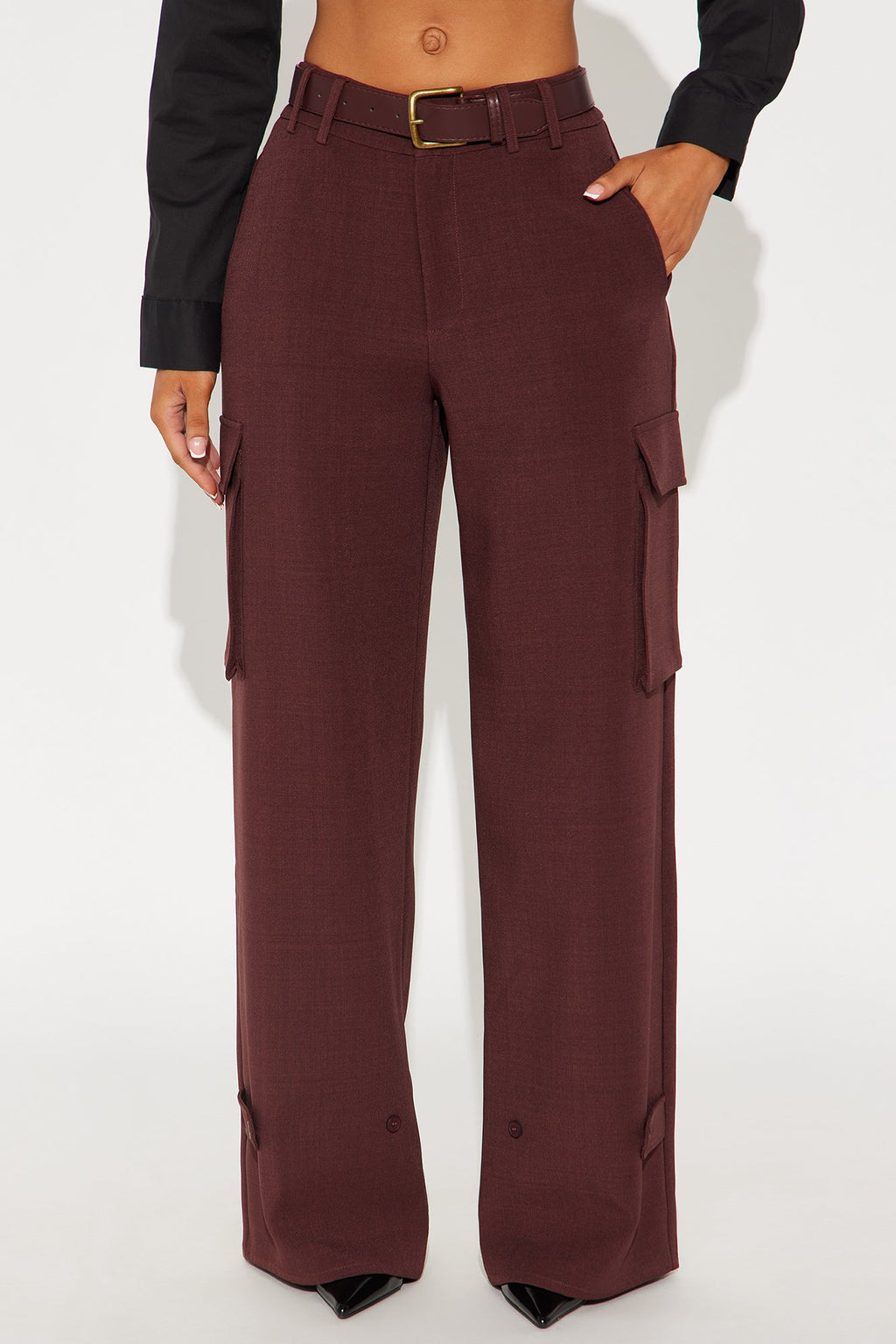 Trending Topic Wide Leg Belted Cargo Pant 32″ - Plum