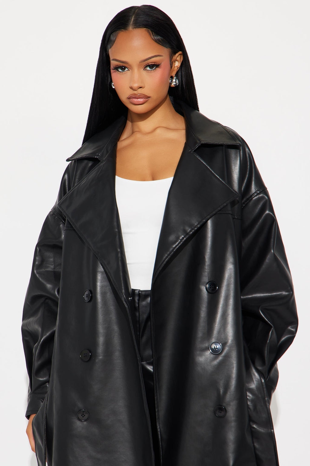 Celeste Faux Leather Trench - Black 