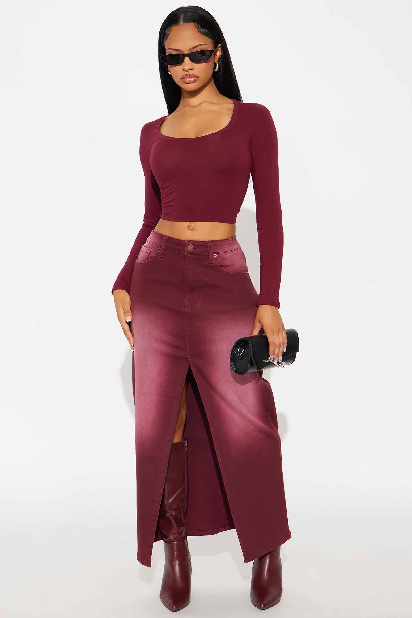 Nicole Burgundy Wash Denim Maxi Skirt - Burgundy 