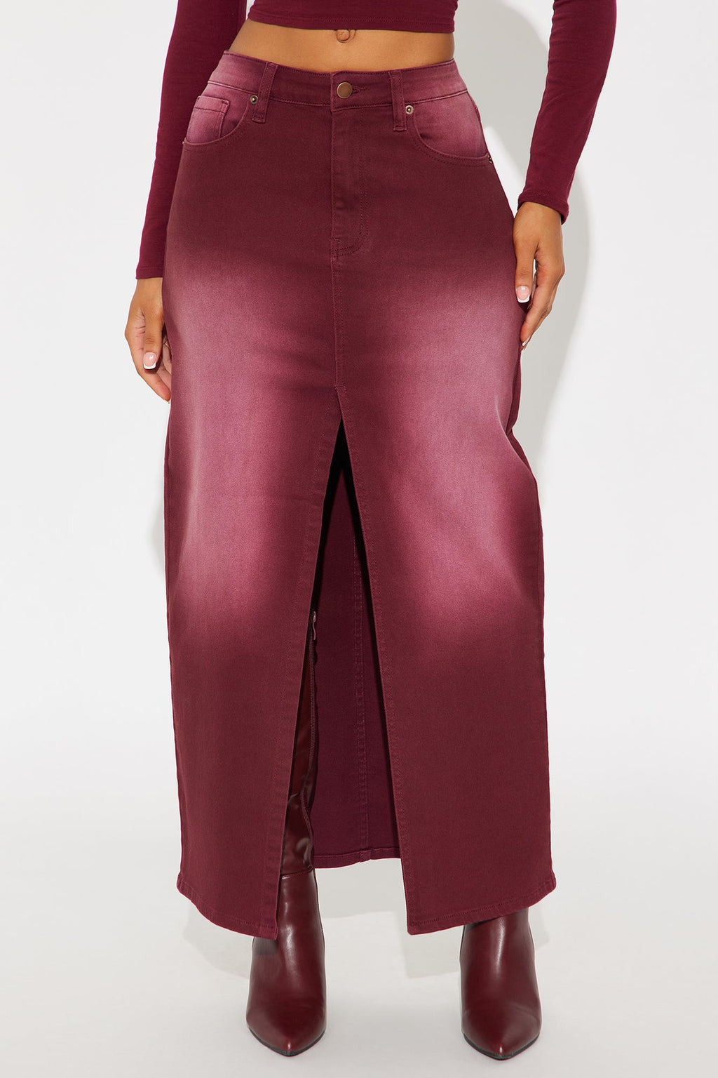 Nicole Burgundy Wash Denim Maxi Skirt - Burgundy 