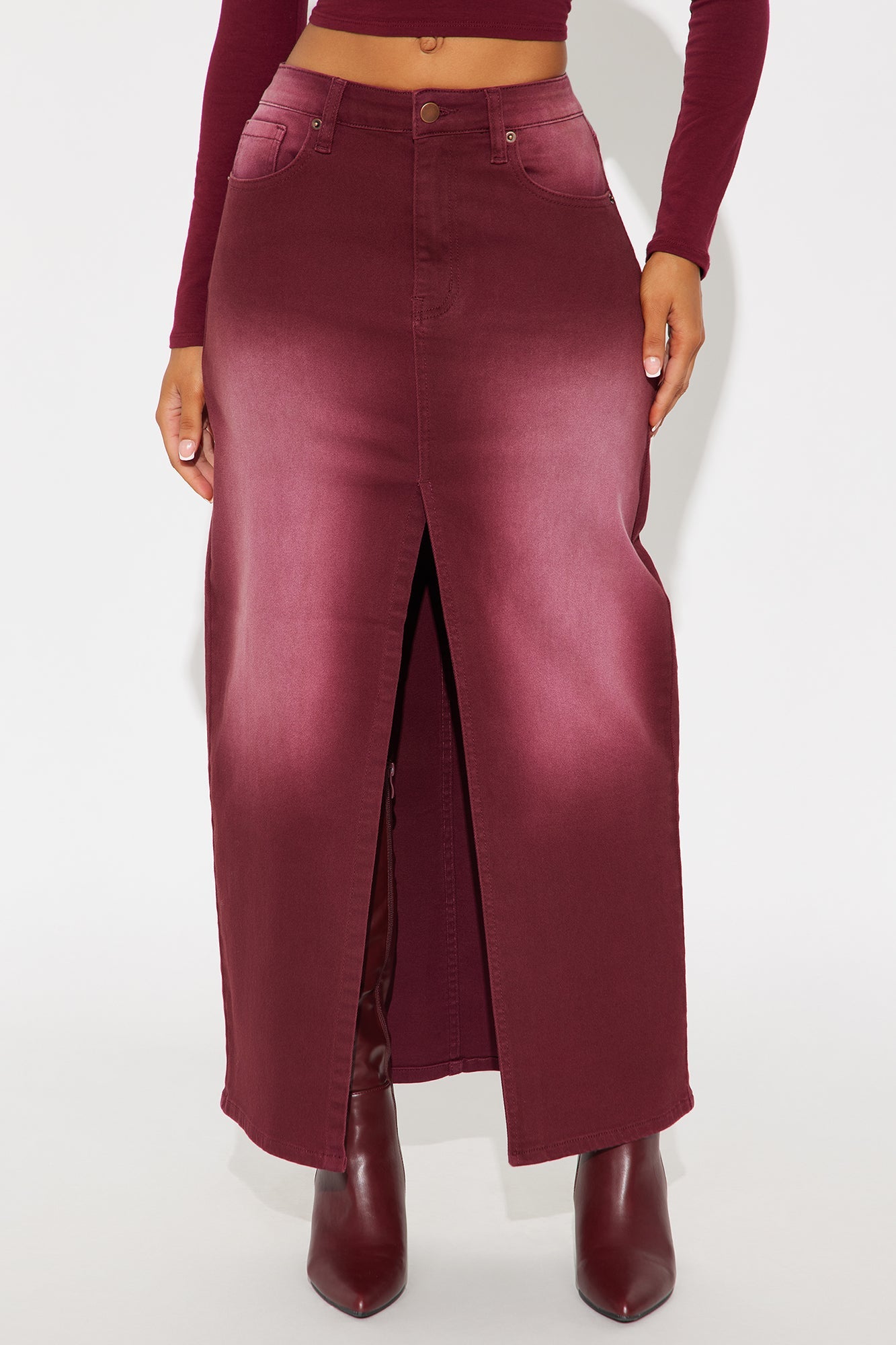Nicole Burgundy Wash Denim Maxi Skirt - Burgundy 