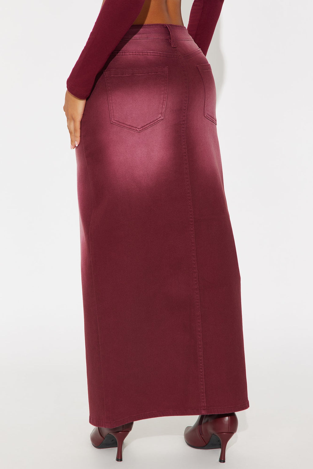 Nicole Burgundy Wash Denim Maxi Skirt - Burgundy 