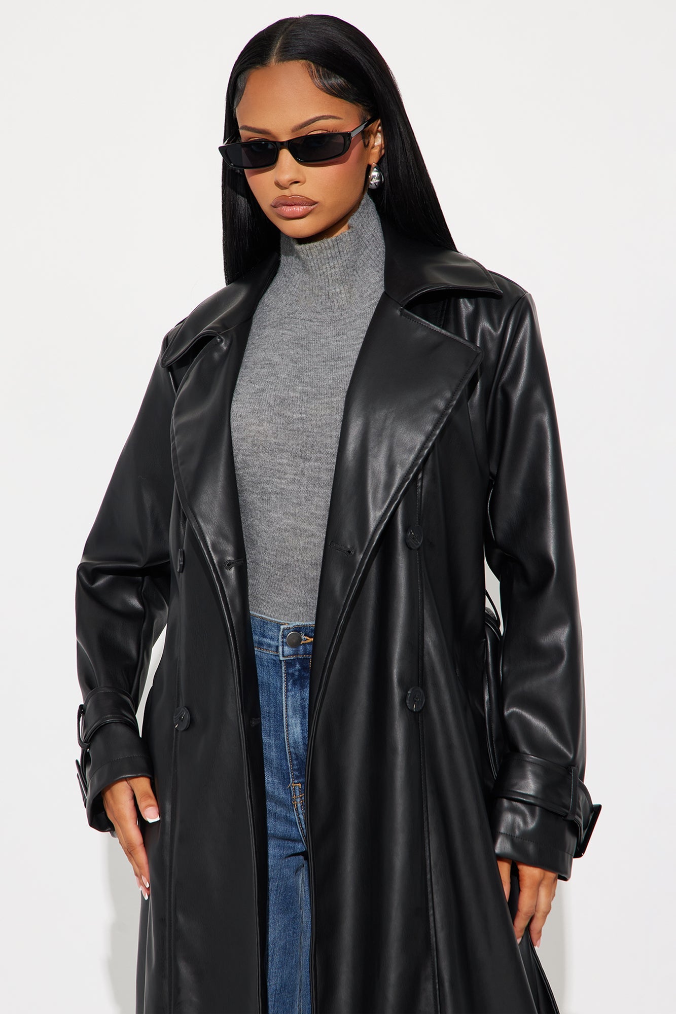 Power Moves Faux Leather Trench - Black 