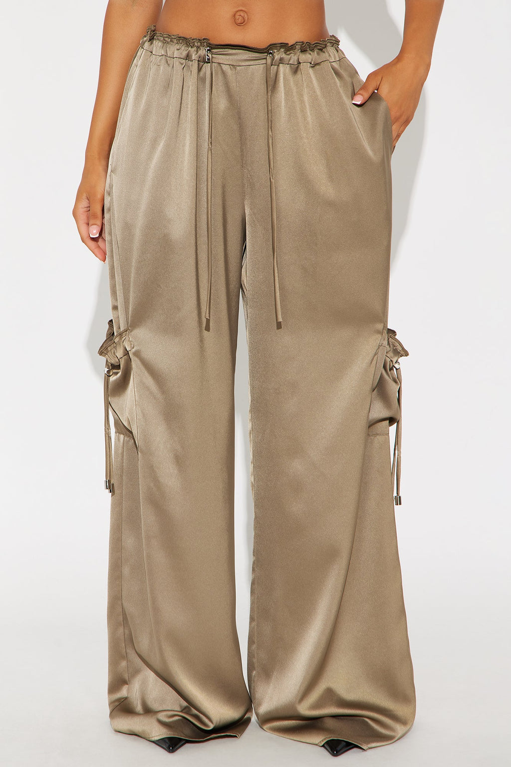 Brielle Satin Wide Leg Cargo Pant 33″ - Olive 