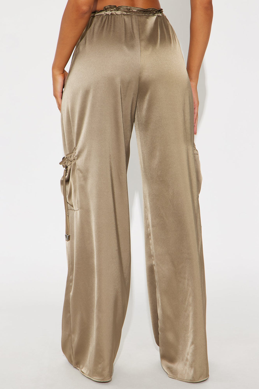 Brielle Satin Wide Leg Cargo Pant 33″ - Olive 