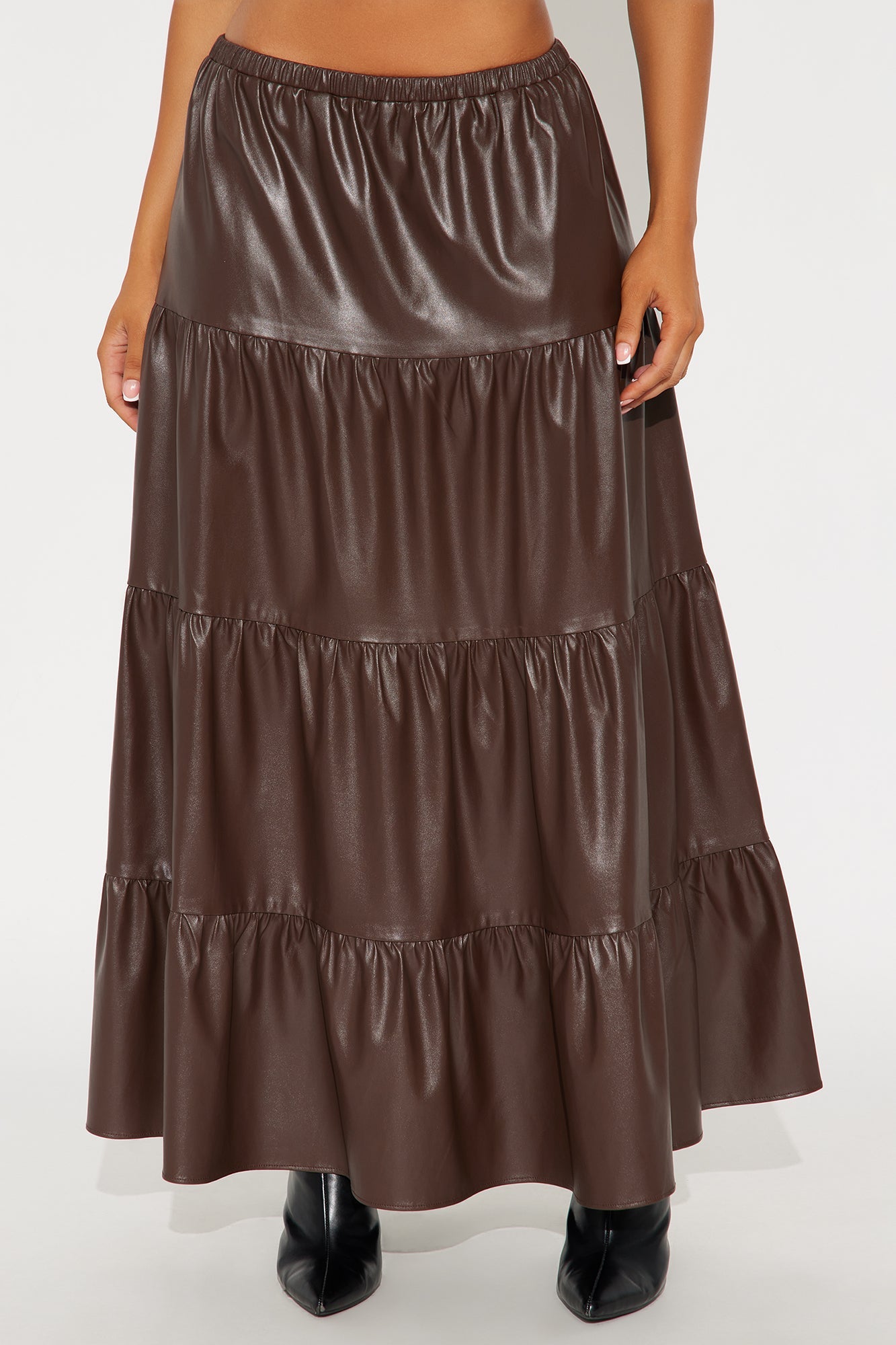 Demi Faux Leather Tiered Maxi Skirt - Chocolate 