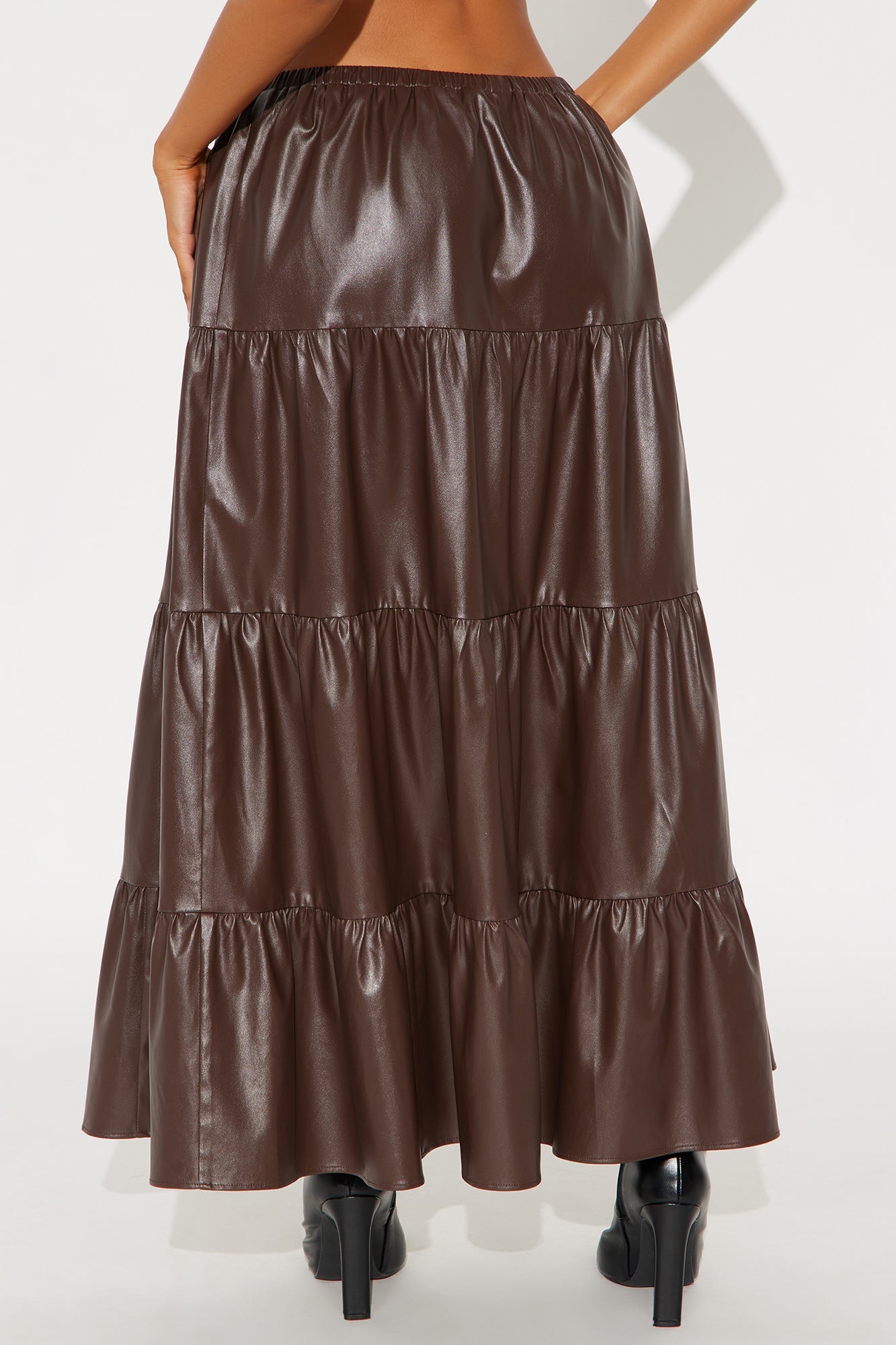 Demi Faux Leather Tiered Maxi Skirt - Chocolate 
