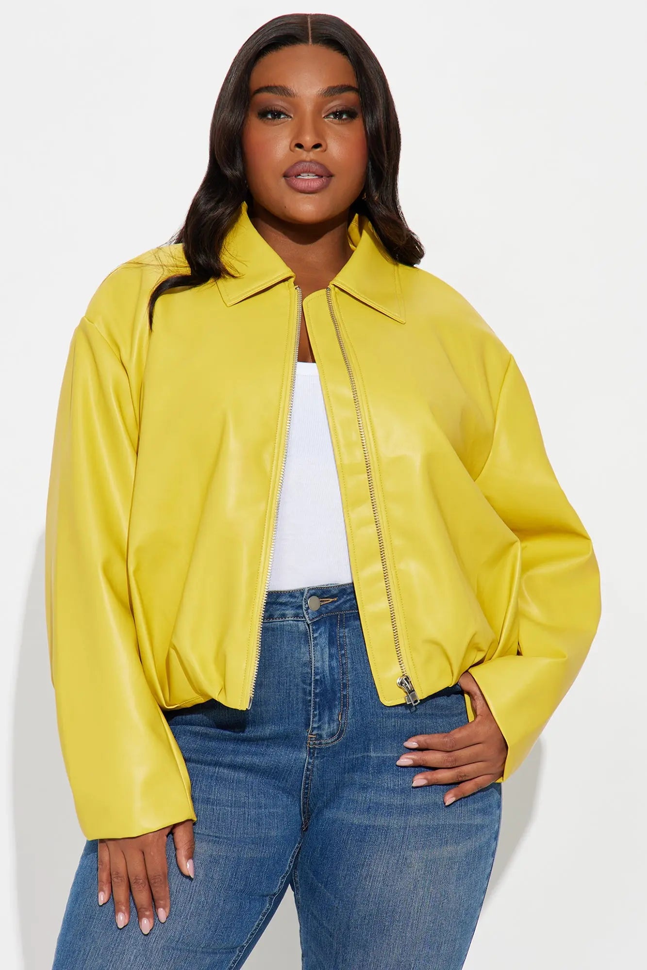 Iman It Girl Faux Leather Bomber Jacket - Yellow 