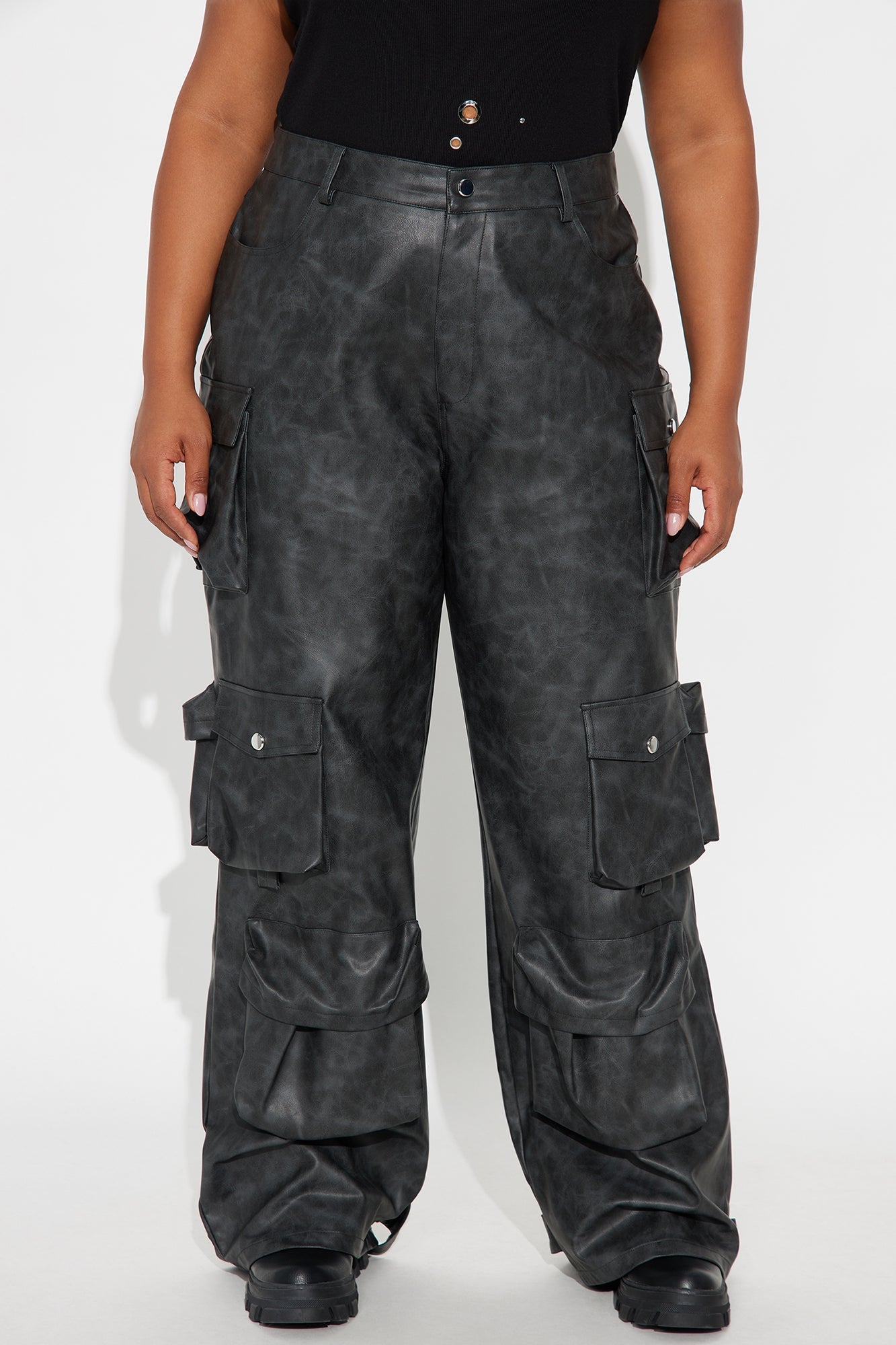 Weekend Warrior Washed Faux Leather Cargo Pant - Black Wash 