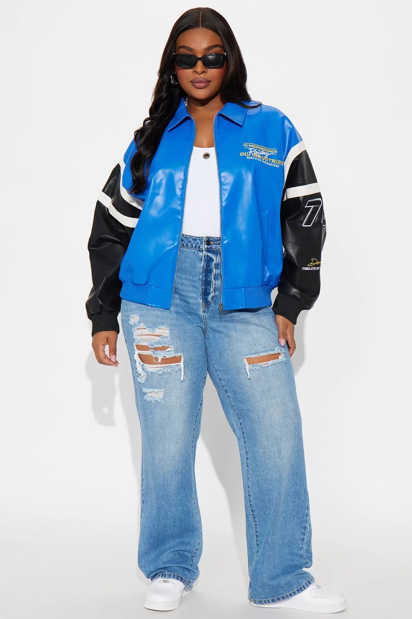 Take The Lead Faux Leather Bomber Jacket - Royal/combo 