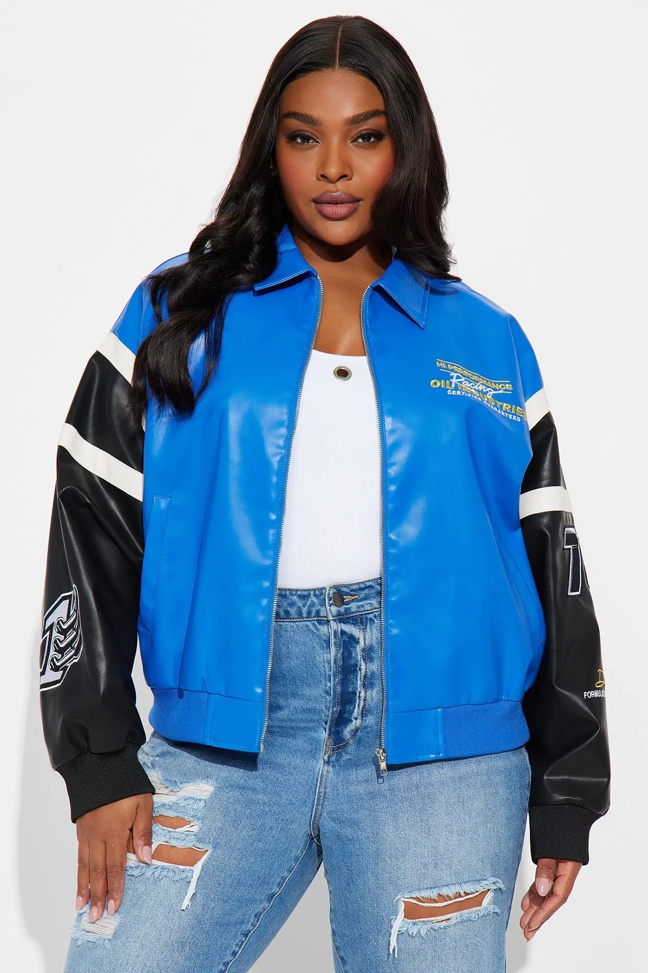 Take The Lead Faux Leather Bomber Jacket - Royal/combo 