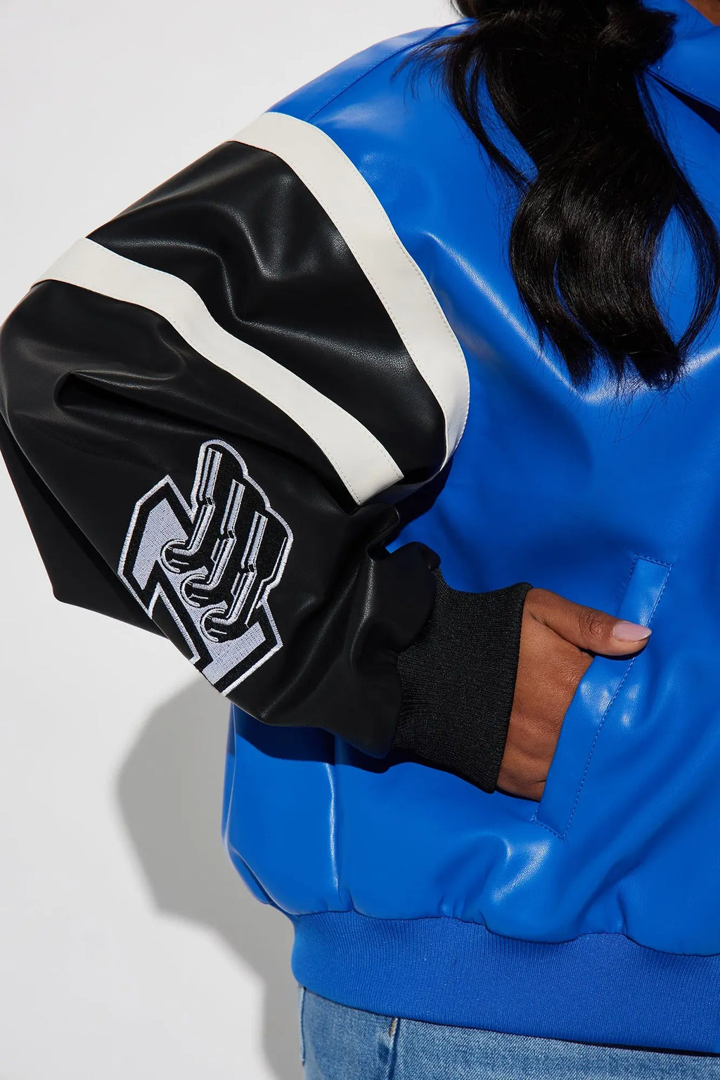 Take The Lead Faux Leather Bomber Jacket - Royal/combo 