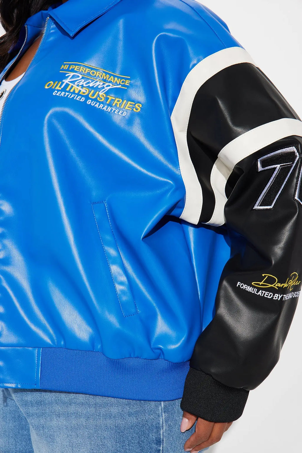 Take The Lead Faux Leather Bomber Jacket - Royal/combo 