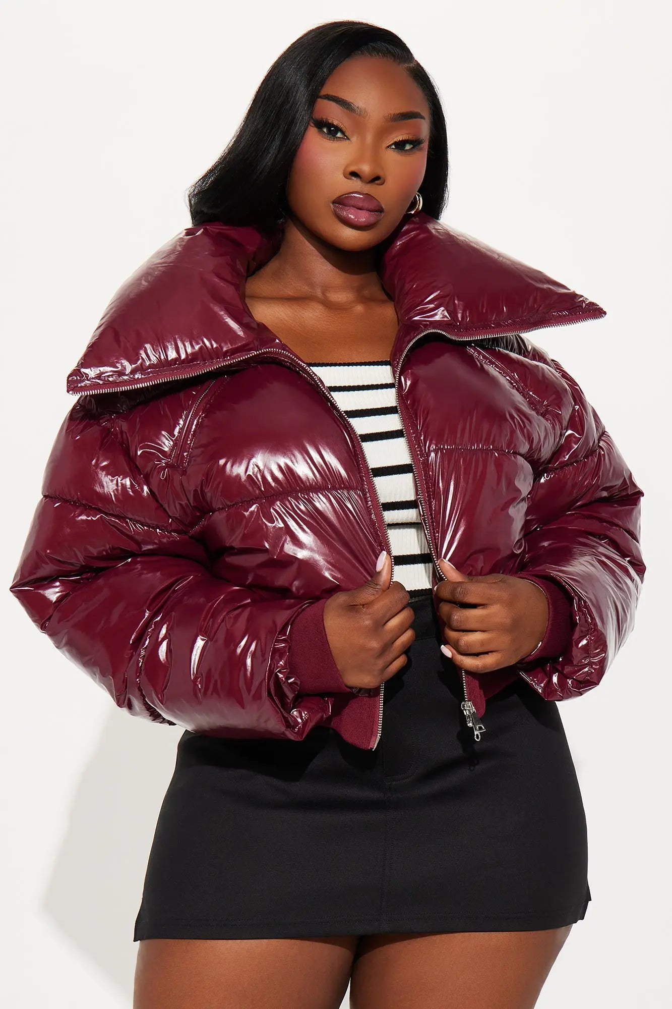 Billie Faux Patent Leather Cropped Puffer Jacket - Burgundy 