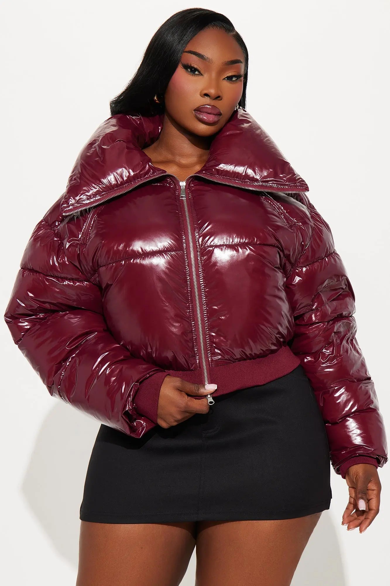 Billie Faux Patent Leather Cropped Puffer Jacket - Burgundy 