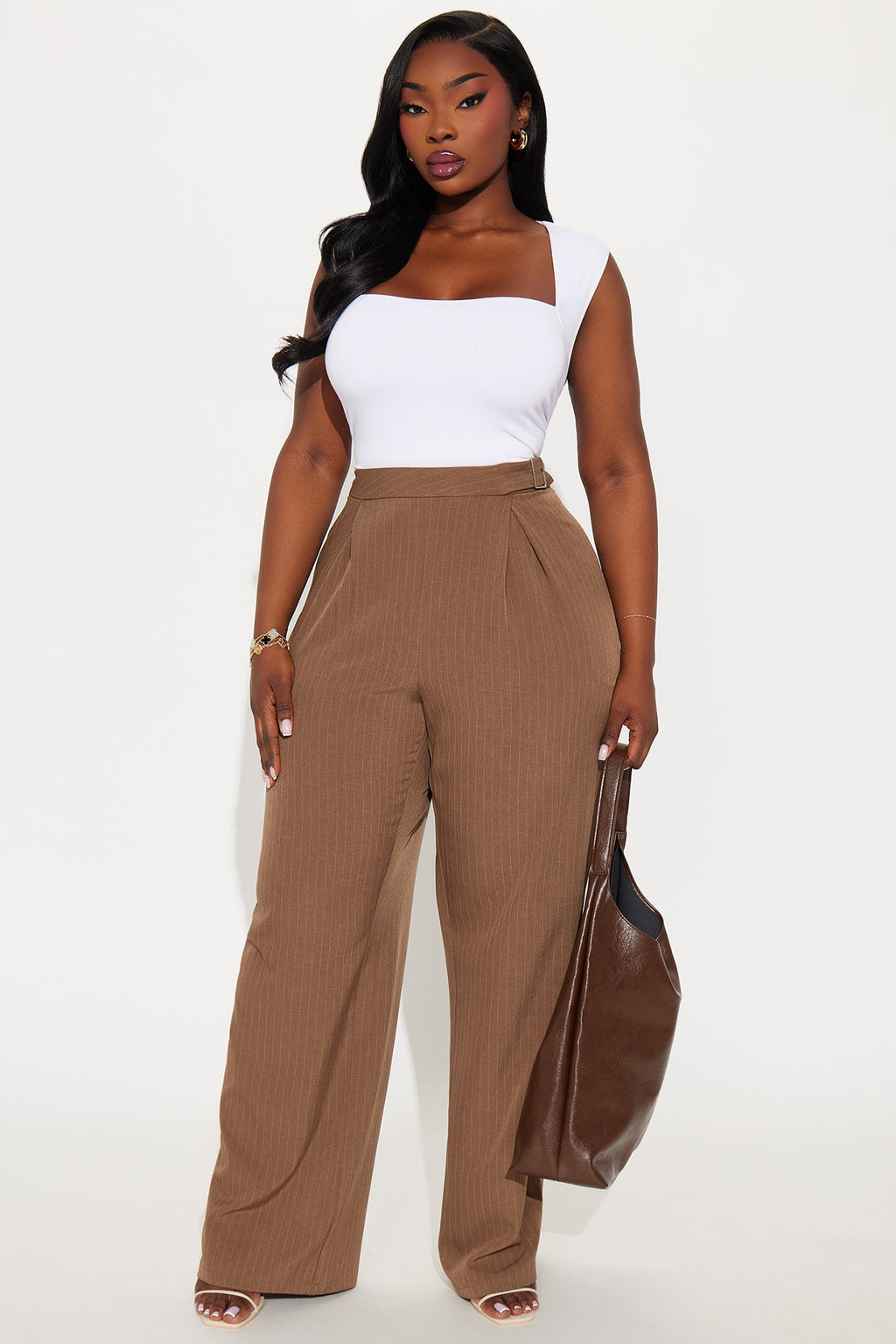 Alrina Crepe Woven Pinstripe Trouser Pant 33 - Mocha/combo 