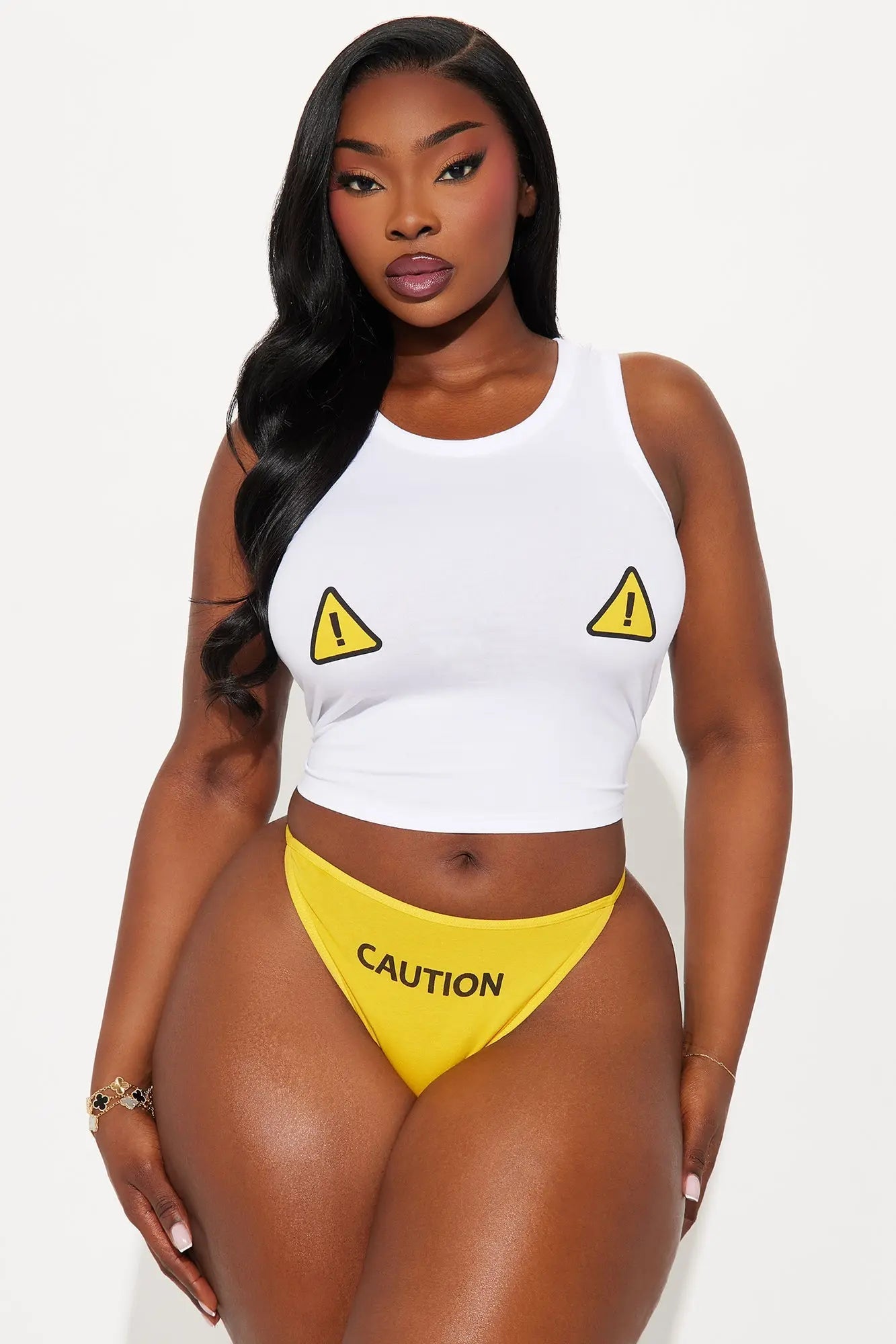 Might Slip And Fall Cotton Tank And Panty 2 Piece Sett - Yellow 