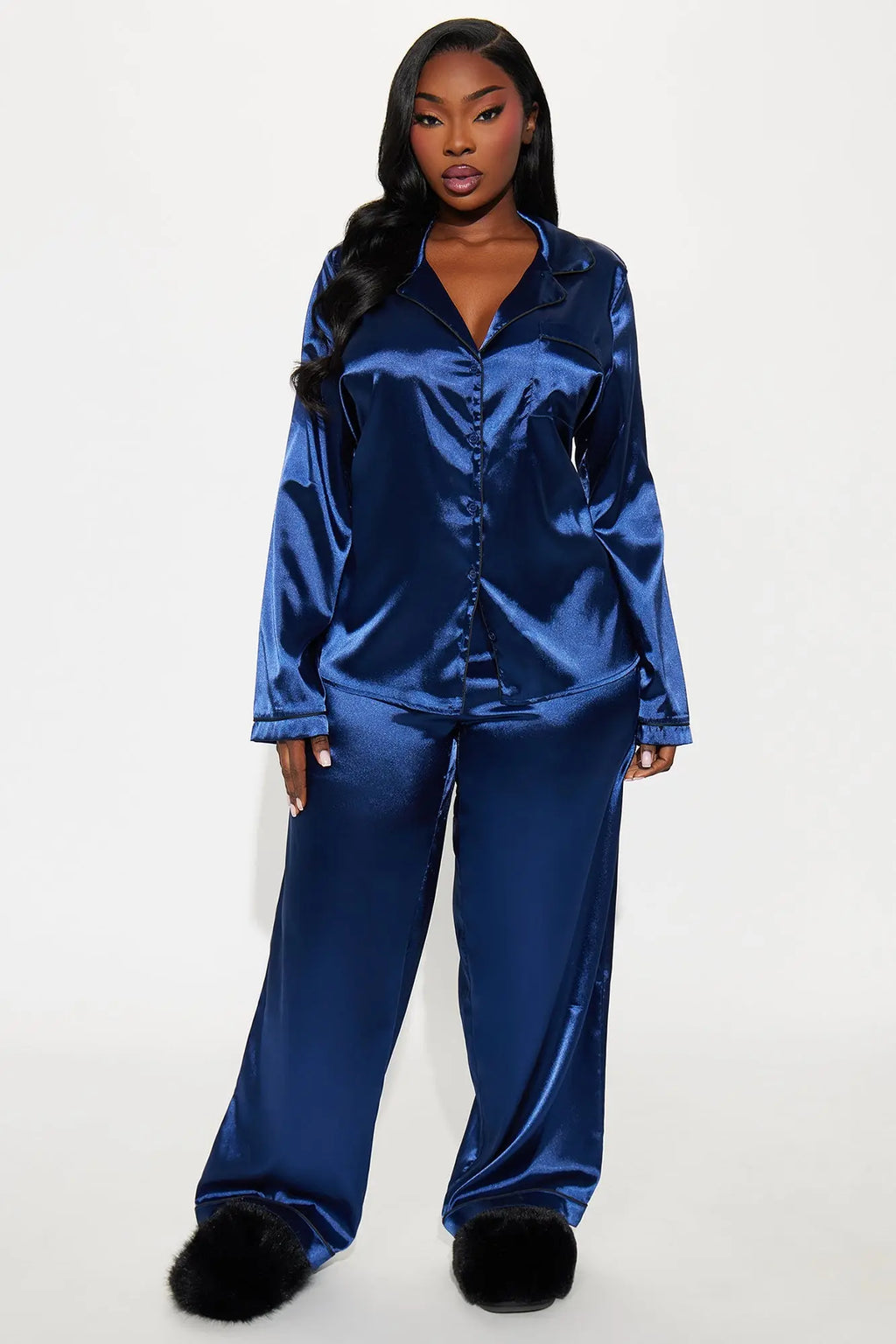 Bedtime Stretch Satin Long Sleeve PJ Pant Set - Navy 