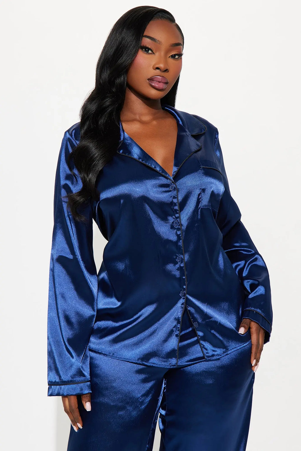 Bedtime Stretch Satin Long Sleeve PJ Pant Set - Navy 