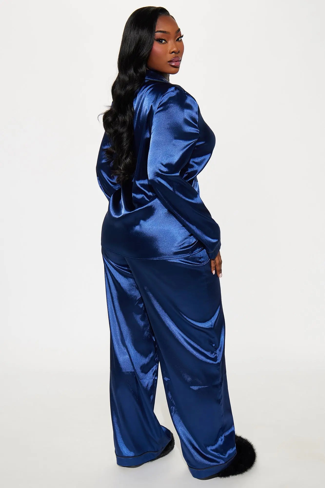 Bedtime Stretch Satin Long Sleeve PJ Pant Set - Navy 
