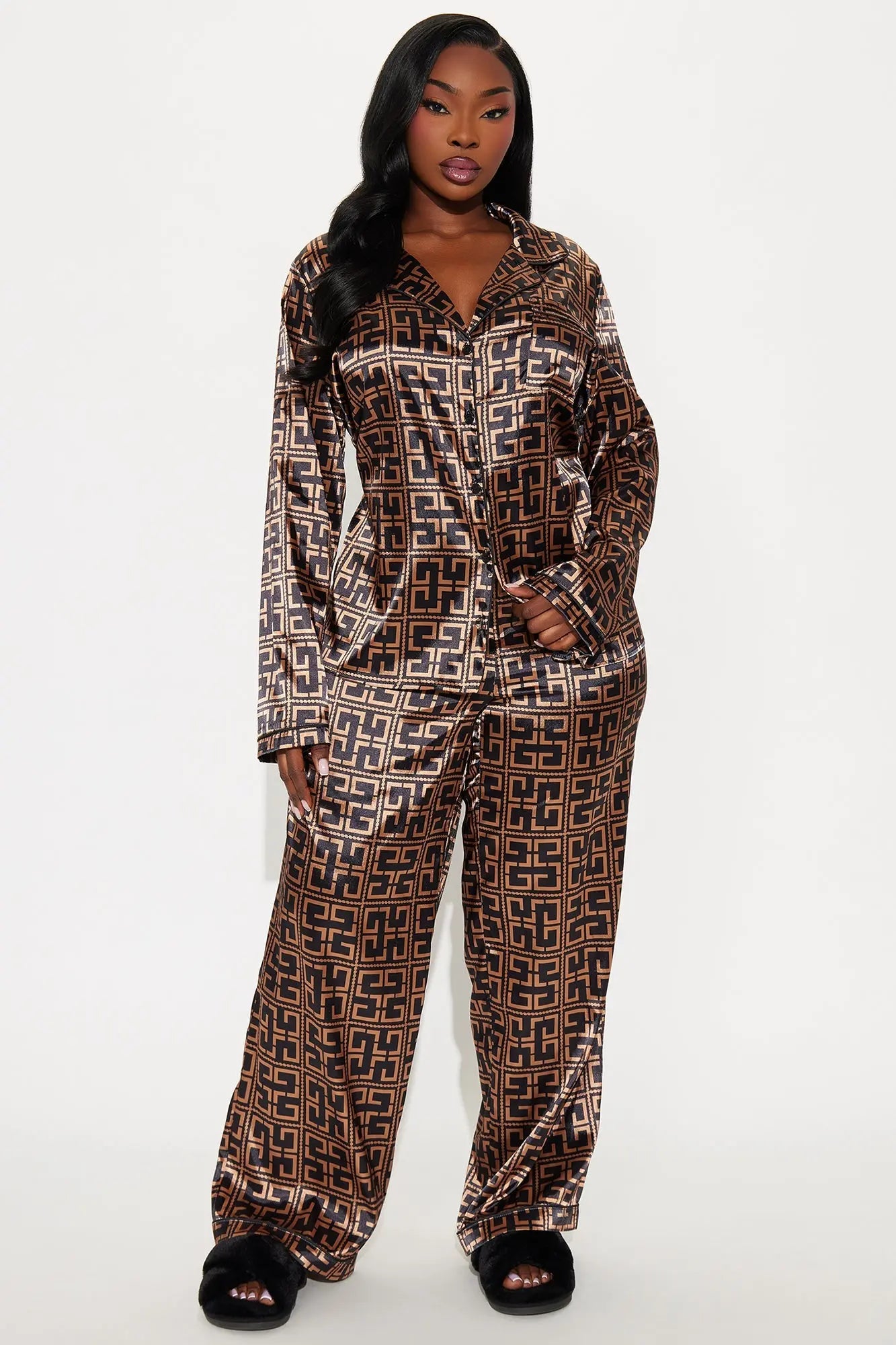 Bedtime Stretch Satin Long Sleeve PJ Pant Set - Black/combo 