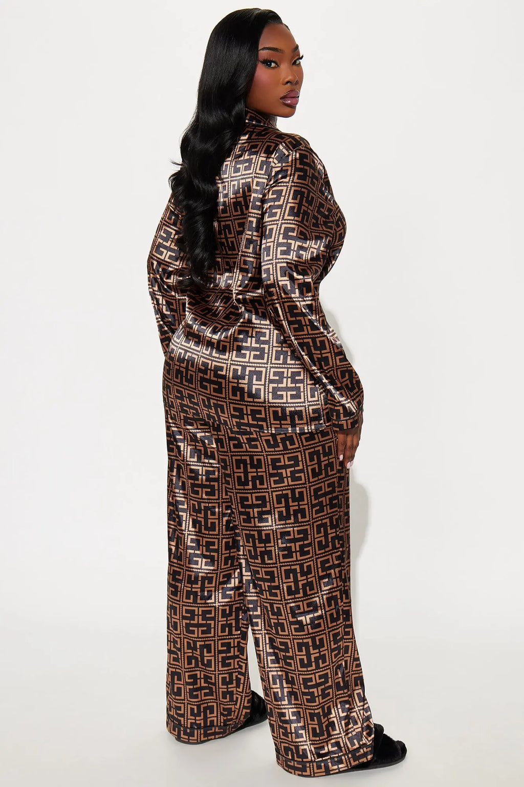 Bedtime Stretch Satin Long Sleeve PJ Pant Set - Black/combo 