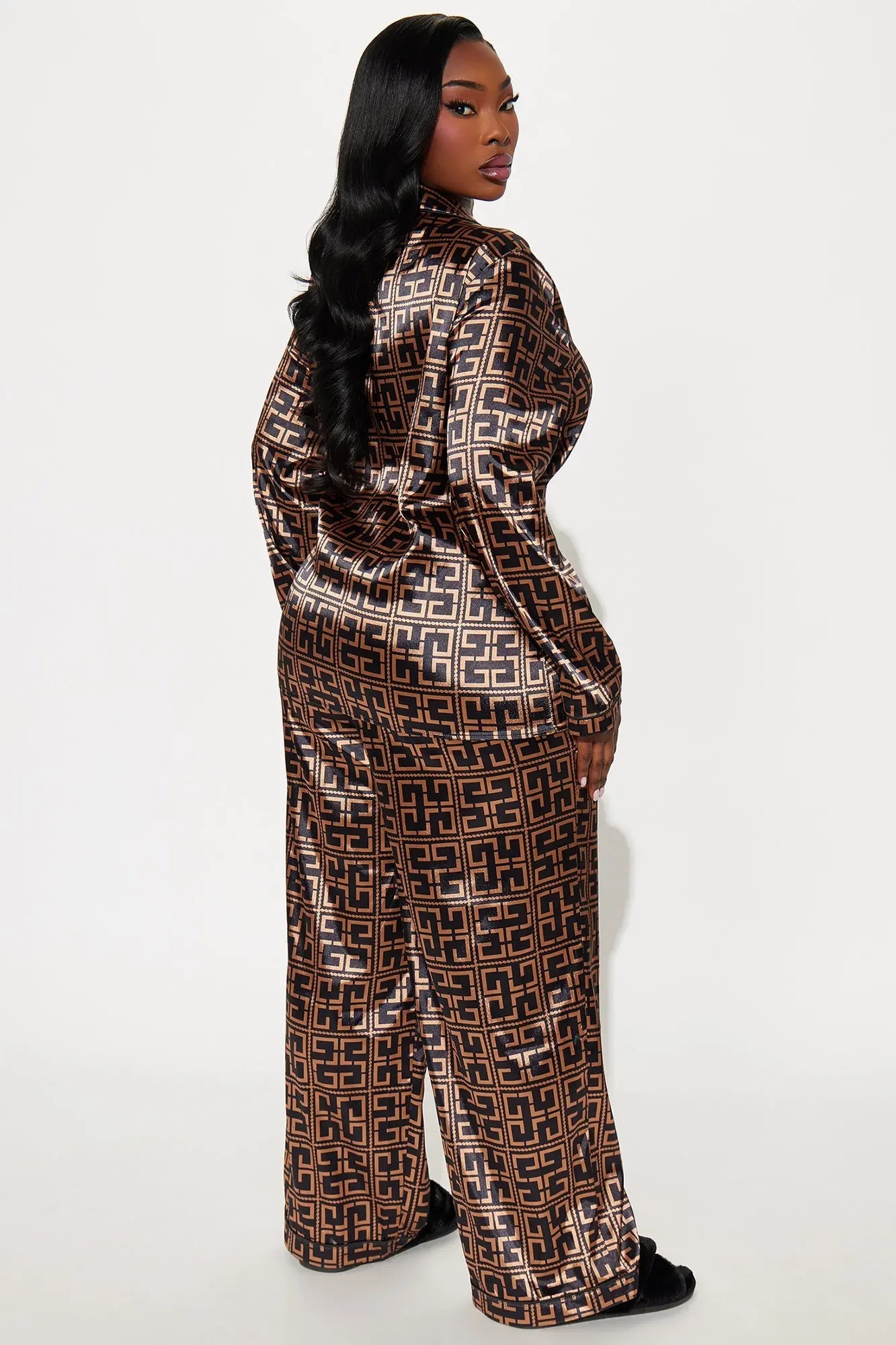 Bedtime Stretch Satin Long Sleeve PJ Pant Set - Black/combo 