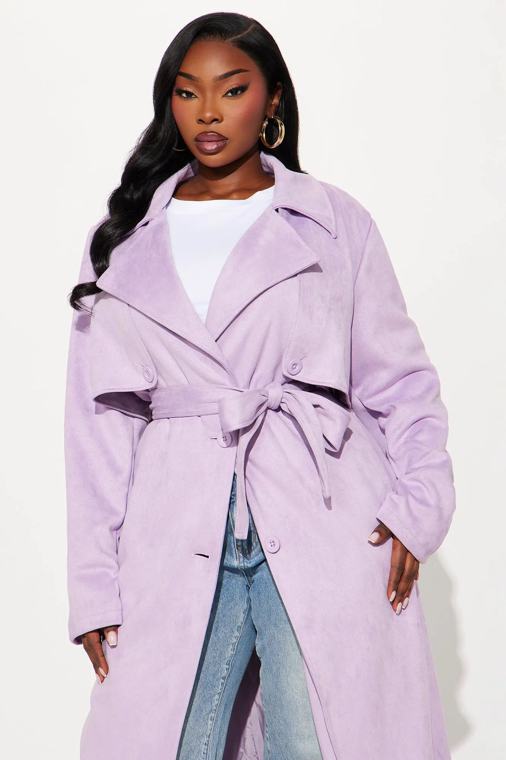 Topic of Conversation Faux Suede Trench Coat - Lavender 