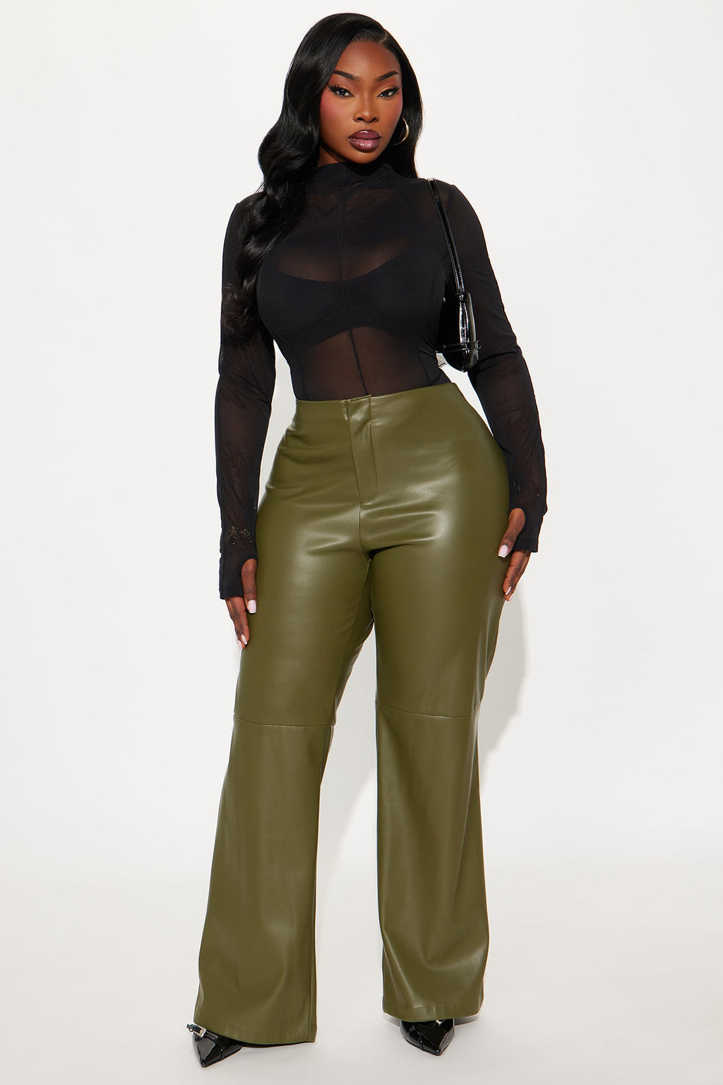 Athena Faux Leather Wide Leg Pant 33″ - Olive 