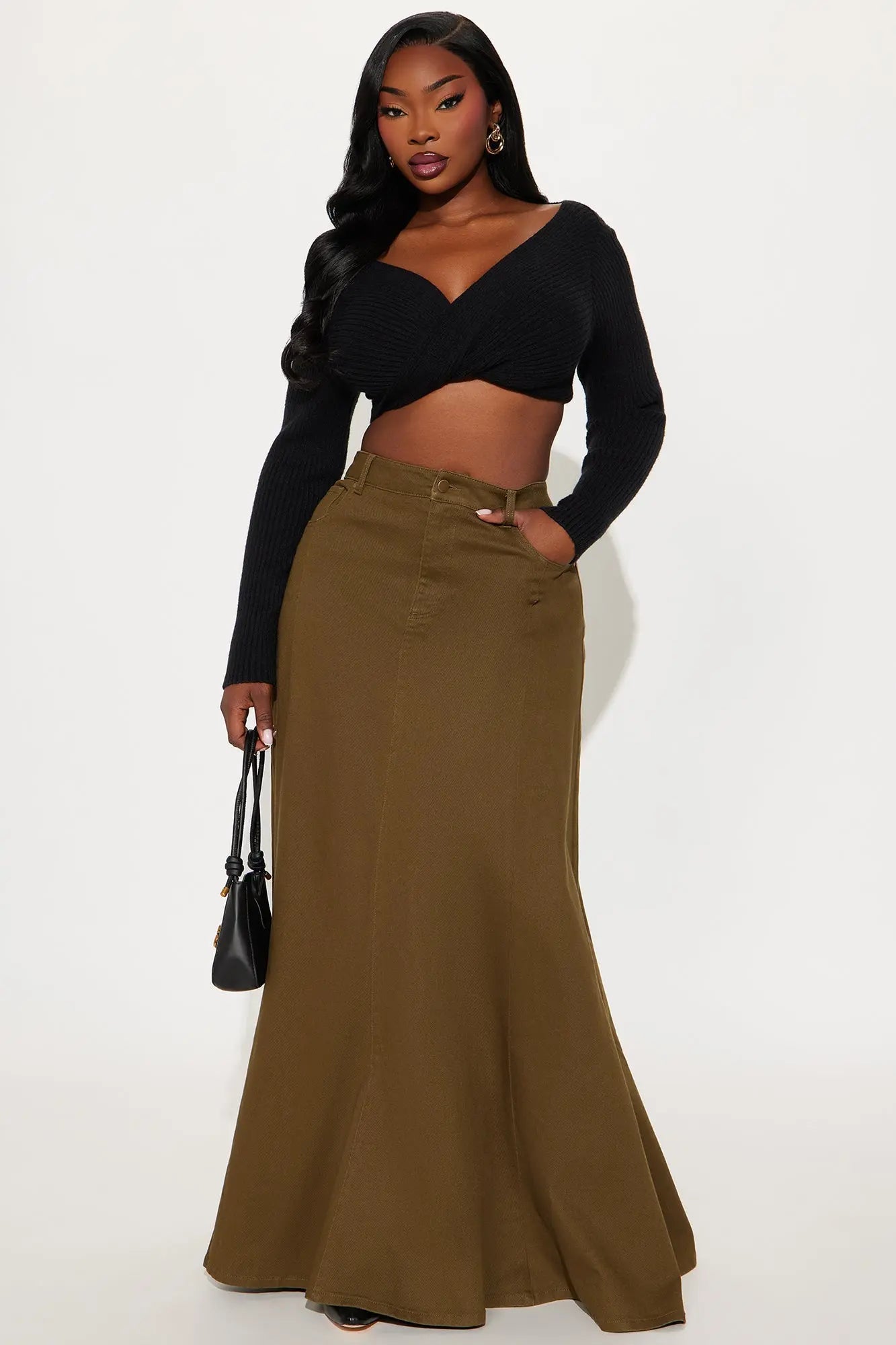 Make You Stay Twill Maxi Skirt - Olive 