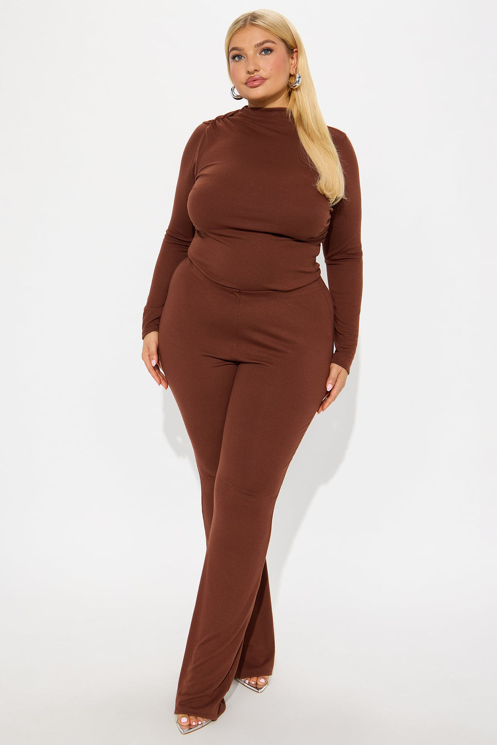 So Sexy Mockneck Flare Leg Pant Set - Brown