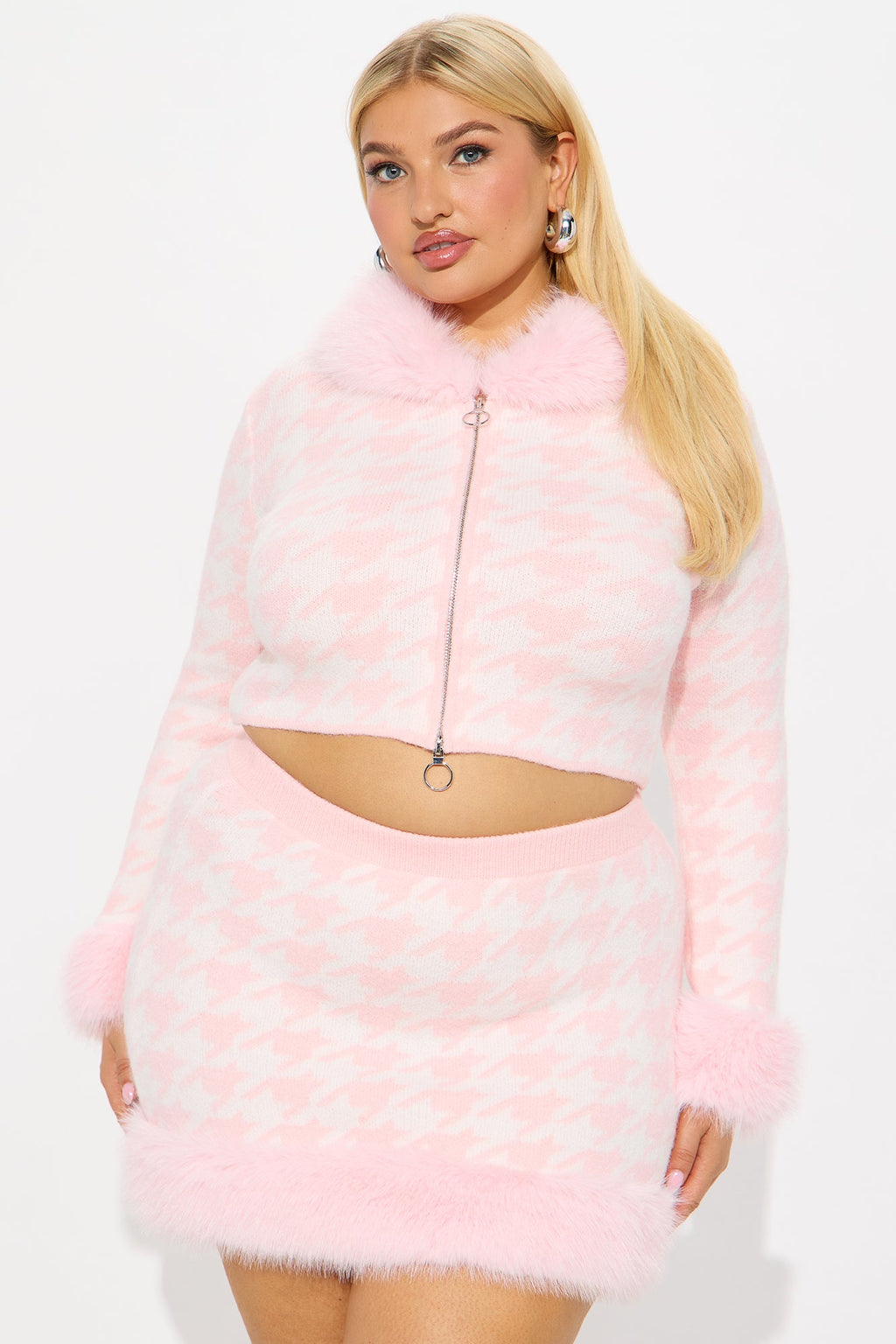 Cher Fur Trim Cardigan Sweater Skirt Set - Pink