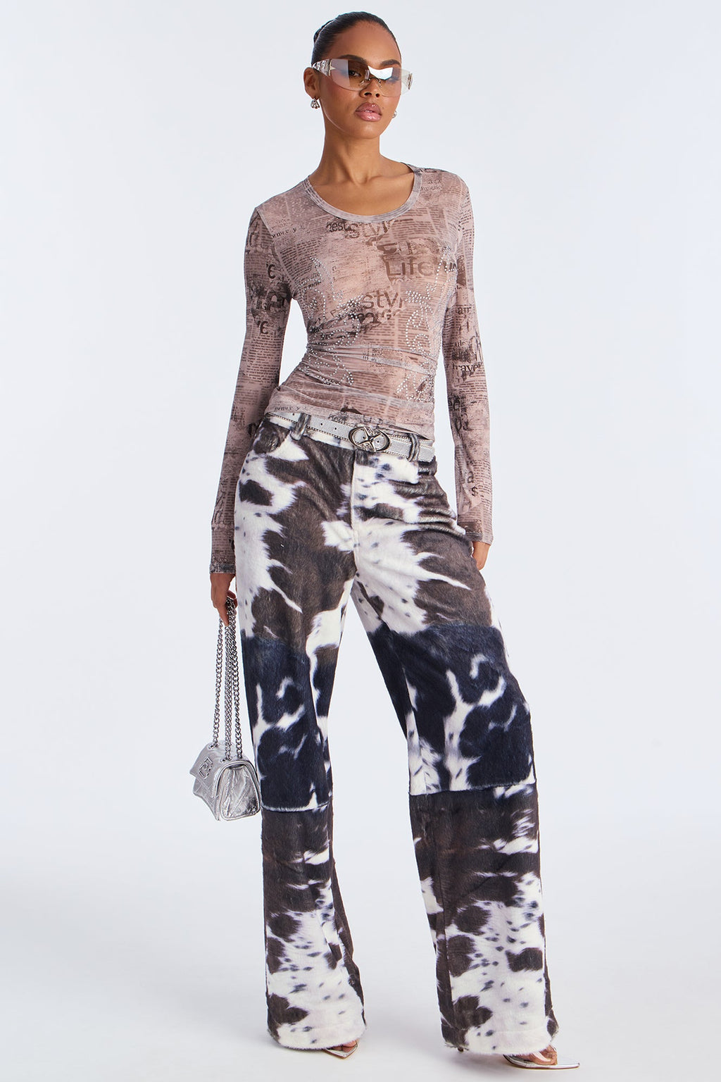 Early Dawn Faux Fur Cow Print Wide Leg Pant 33 - Black/White 
